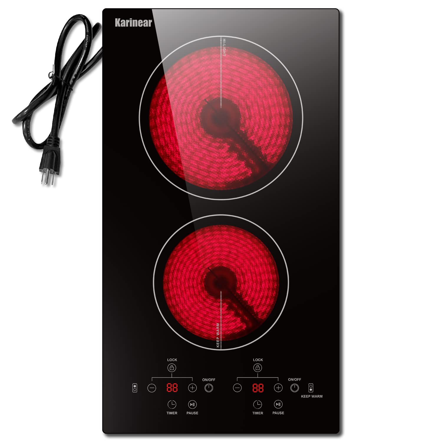 Karinear 2 Burners Electric Cooktop, 120v Plug in Ceramic Cooktop, 12 Inch Countertop & Built-in Electric Stove Top with