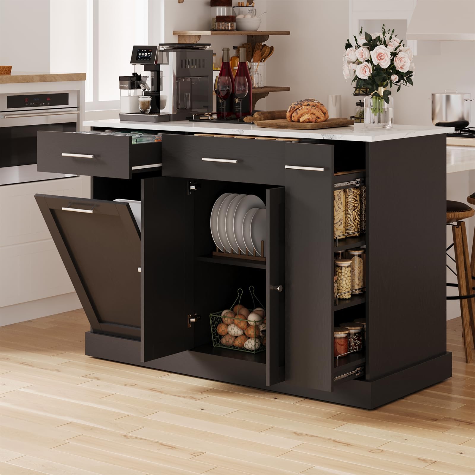 4 EVER WINNER Kitchen Island with Storage, Kitchen Island Cart on Wheels with Trash Can Cabinet, Spi