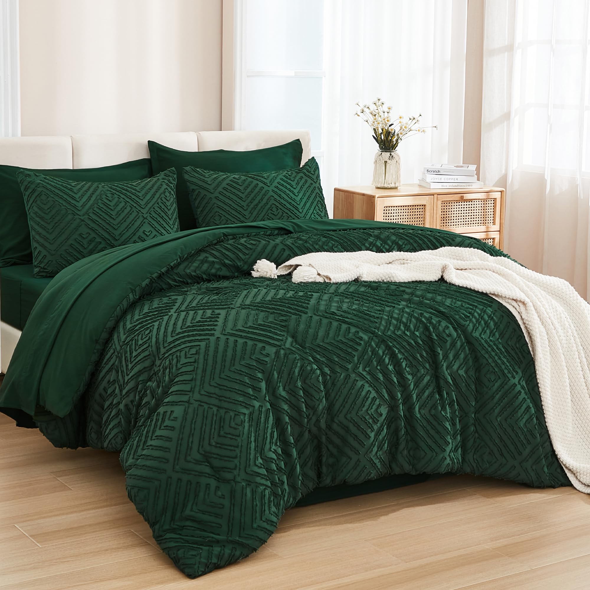 Andency King Size Comforter Set 7 Pieces Dark Emerald Green - Bed in a Bag King Boho Lightweight Fluffy Tufted Bedding C