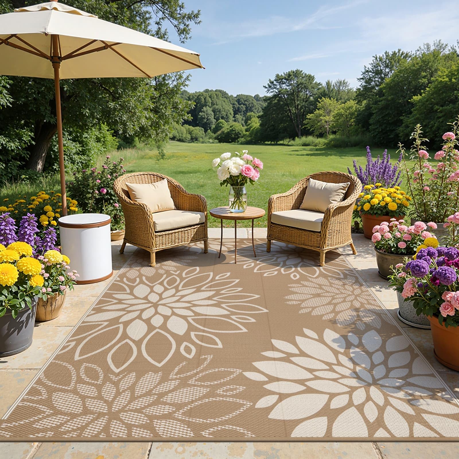 SHACOS Outdoor Rug 240 x 300 cm Large Reversible, Garden Rug Waterproof Patio UV Resistant Lightweight, Plastic Straw Ma