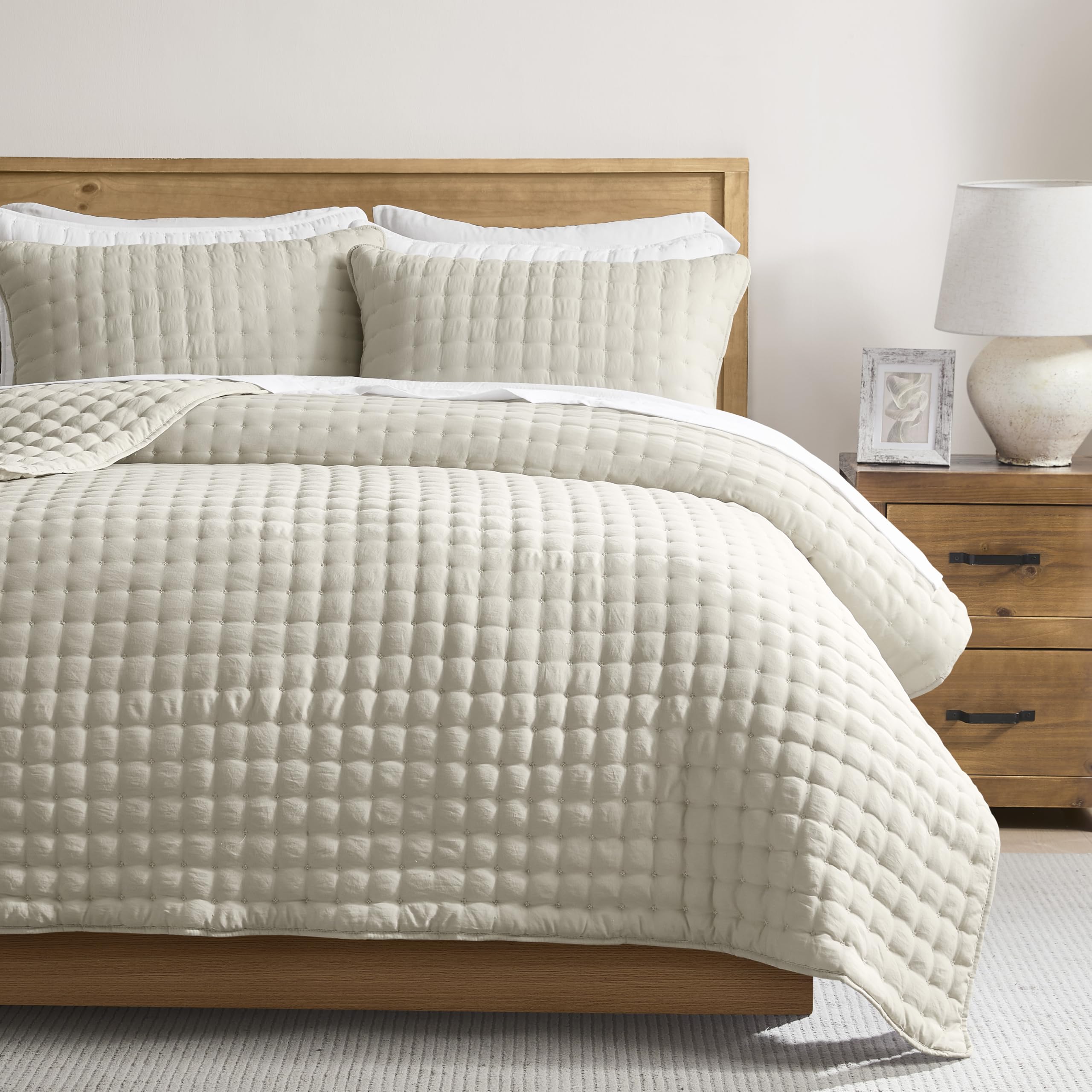 WDCOZY Beige King Size Quilt Bedding Sets with 2 Pillow Shams, Neutral Lightweight Soft Bedspread Co