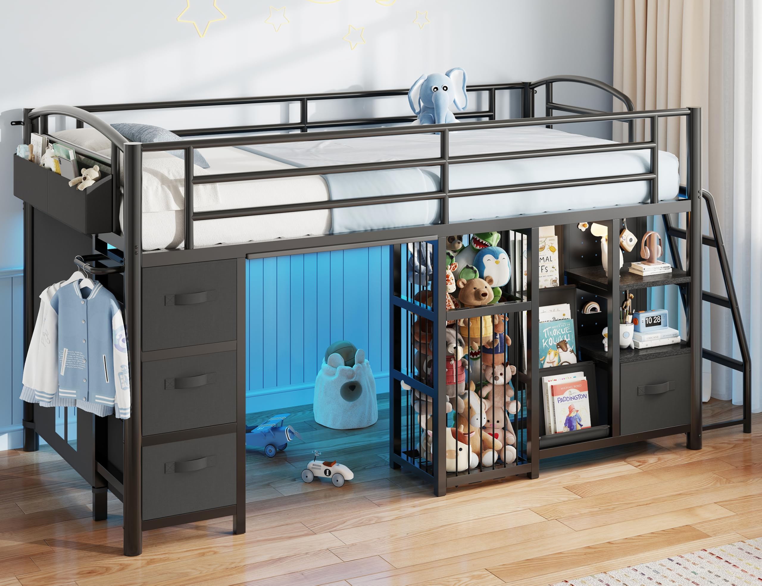 Low Loft Bed Twin Size with 4 Storage Drawers and LED Lights, Twin Loft Bed with Sling Bookcase & To