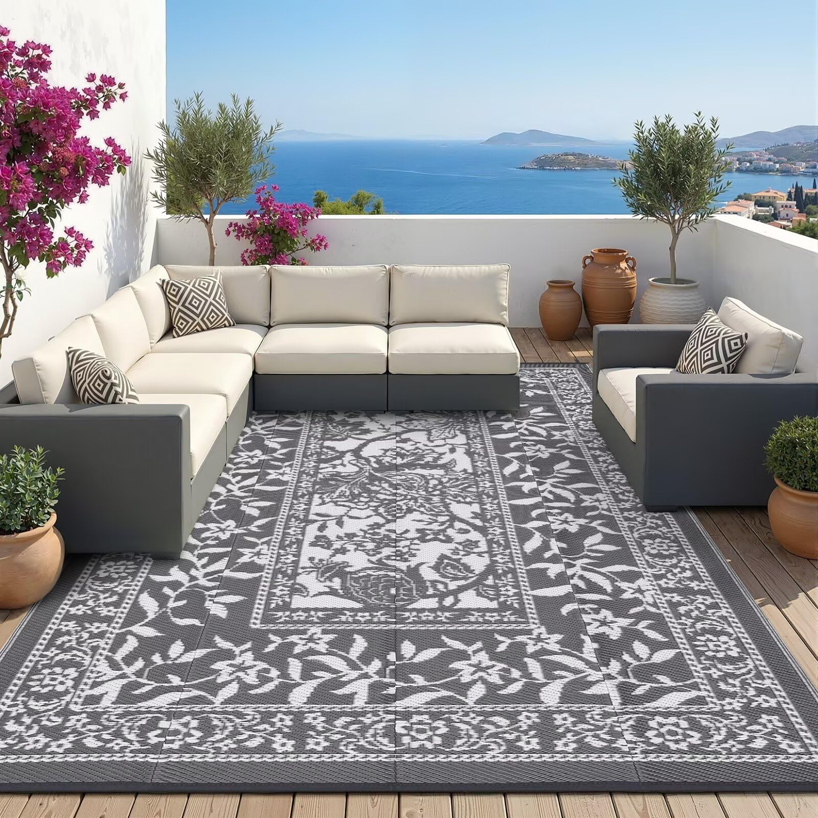 Garvee Outdoor Rug 8x10, Waterproof Reversible Foldable Plastic Straw Rug, Botanical cottagecore Outdoor Rugs Patio Camp