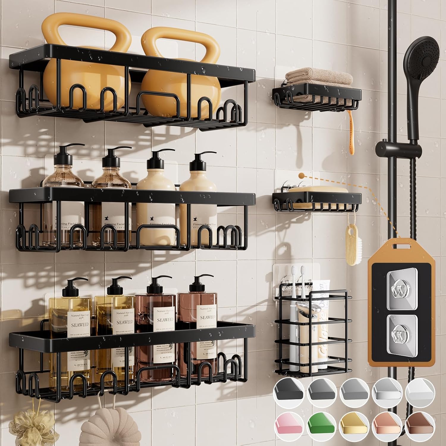 Veken Shower Caddy 6-Pack, Advanced Rustproof Design, No Drilling Adhesive Shelves, Rack with Soap Holder, Large Capacit