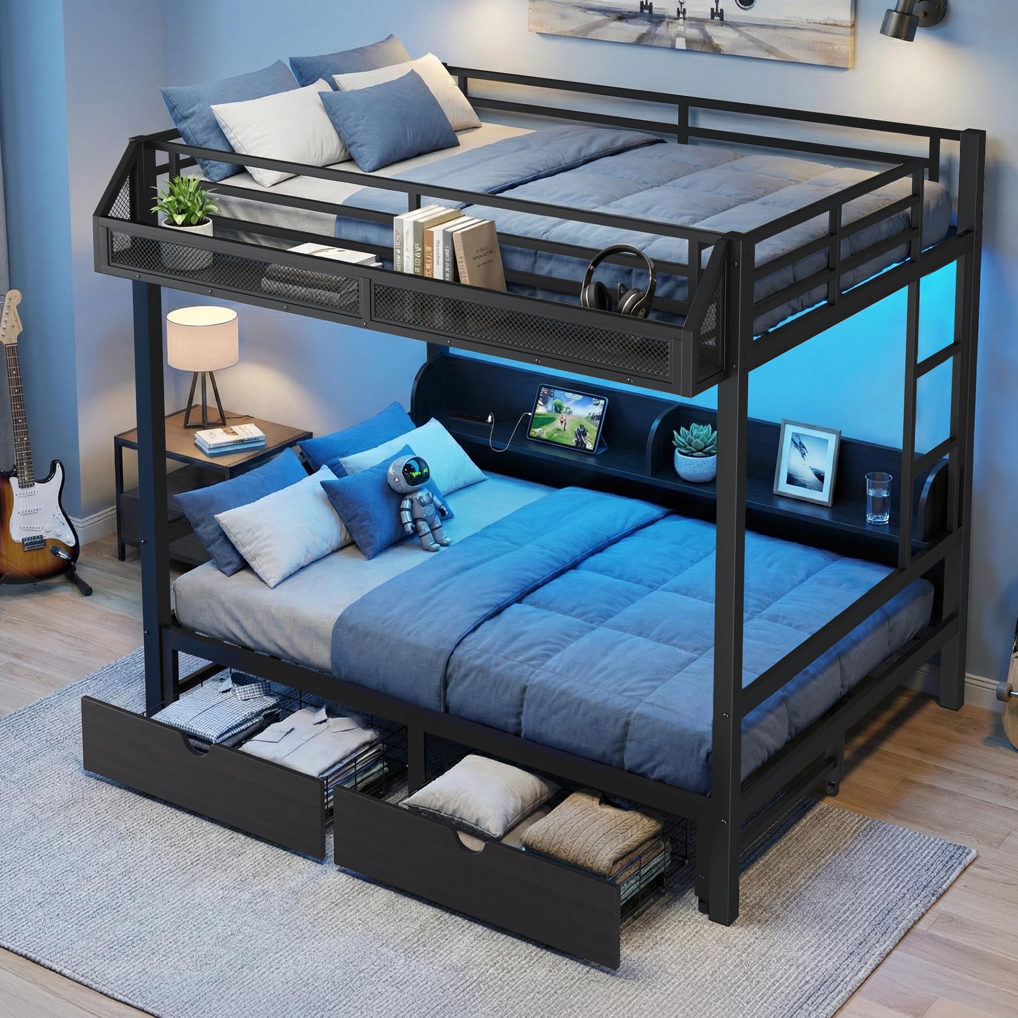 Queen Over Queen Bunk Bed with Storage Drawers, Guardrail Storage Basket, Charging Station and LED L