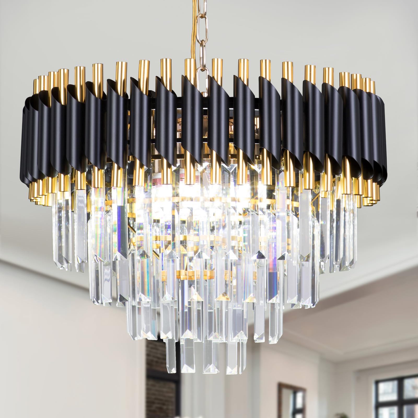 FRIXCHUR 20 Inch Crystal Chandelier Ceiling Light Black and Gold Flush Mount 4 Tier Raindrop for Bedroom Living Room Din