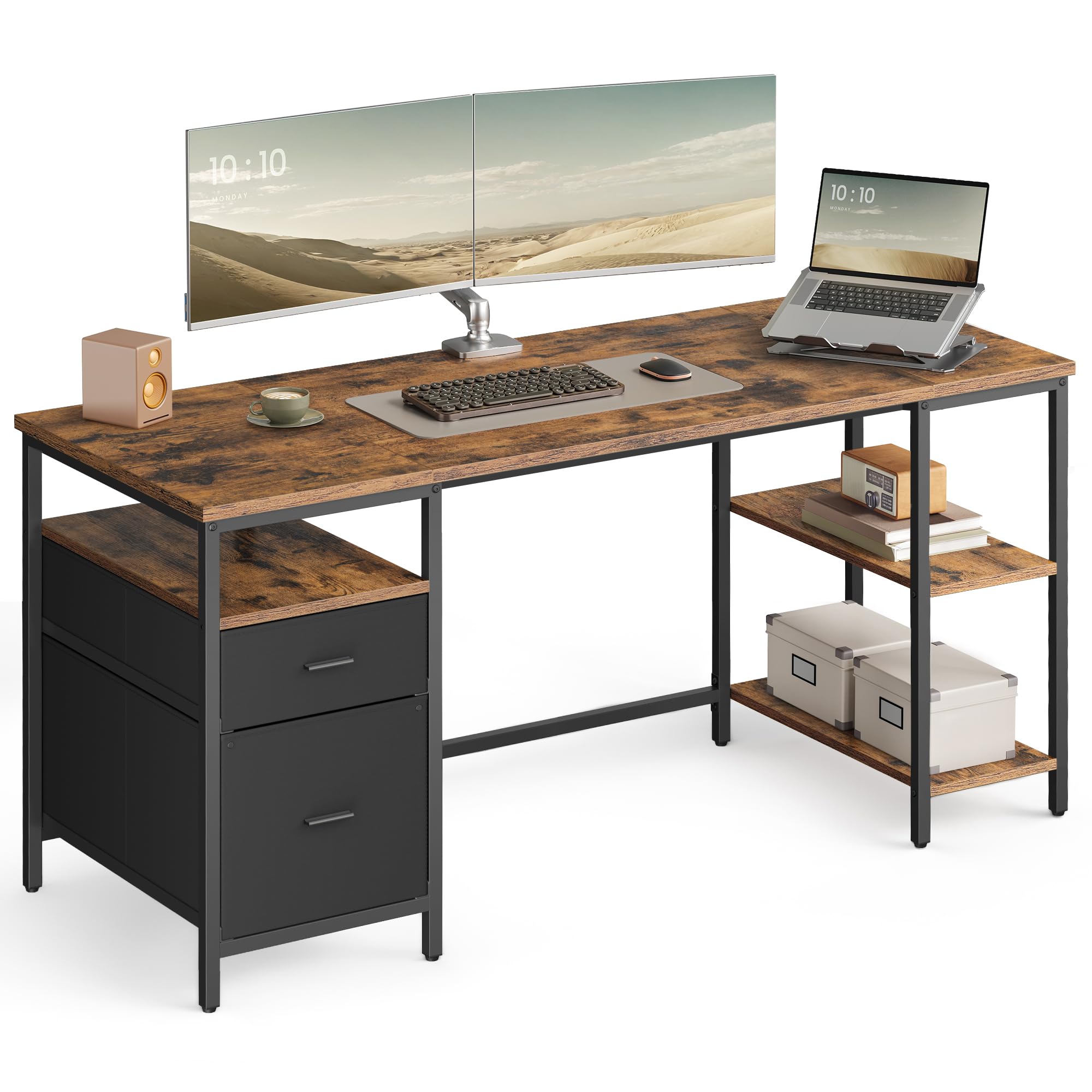 VASAGLE Computer Desk, Work Desk with Storage, 3 Shelves, 2 Drawers, 60 x 160 x 76 cm, for Home Offi