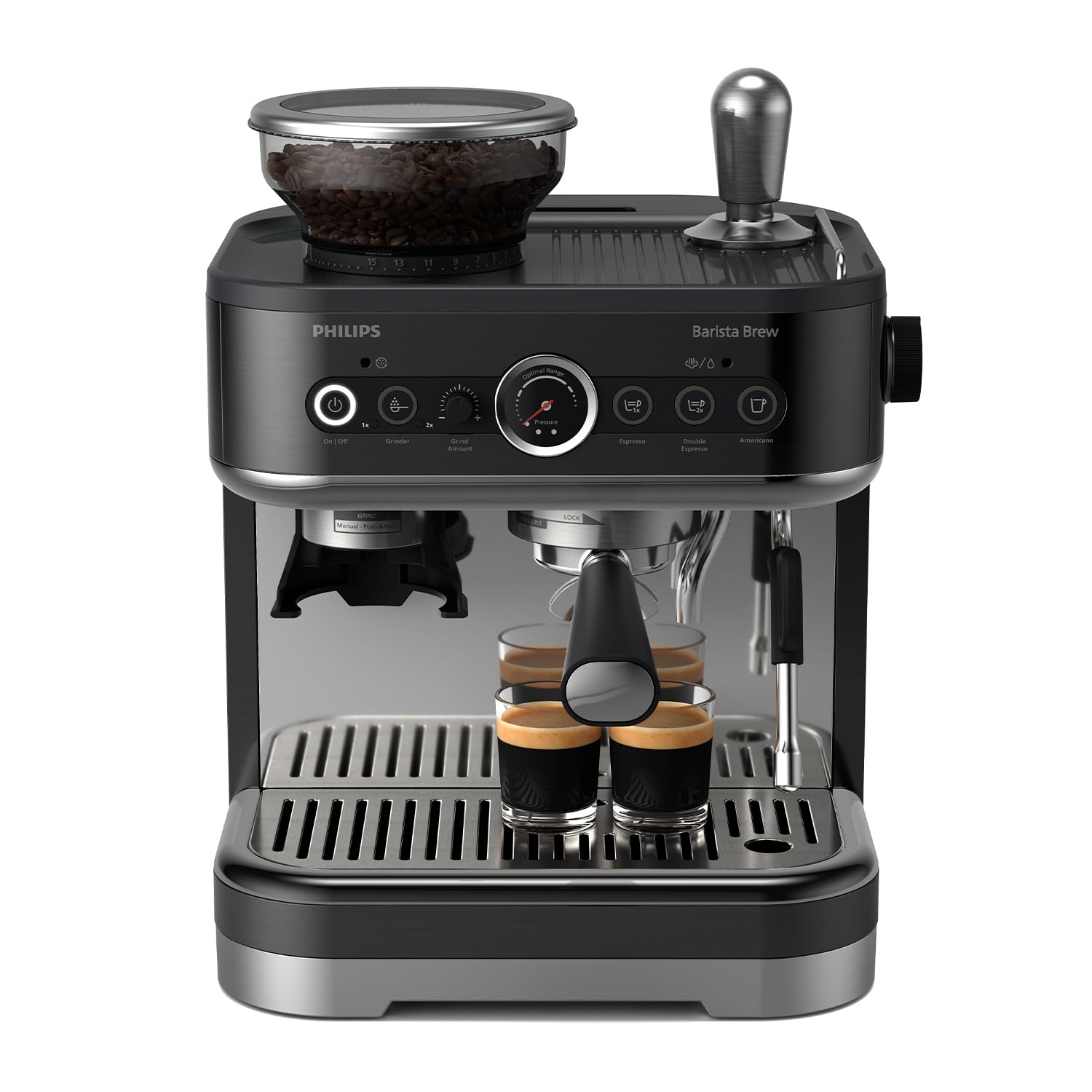 Philips Barista Brew Semi Automatic Espresso Machine - Single & Double Espresso + Americano Button, 250g Bean Container,