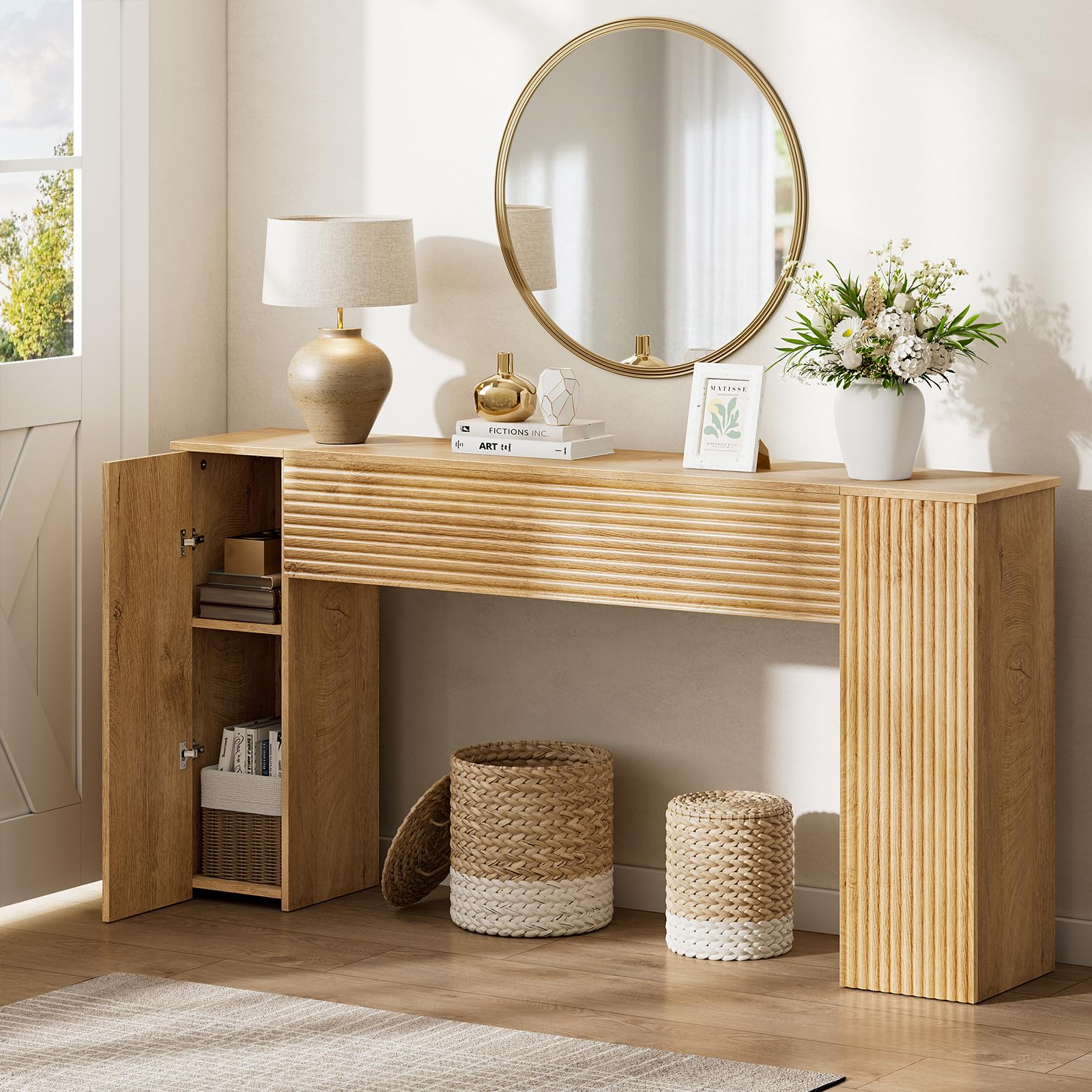 FABATO 61'' Fluted Long Console Table, Wooden Rectangular Sofa Table Behind The Couch, Narrow Entryway Table with 2 Hidd