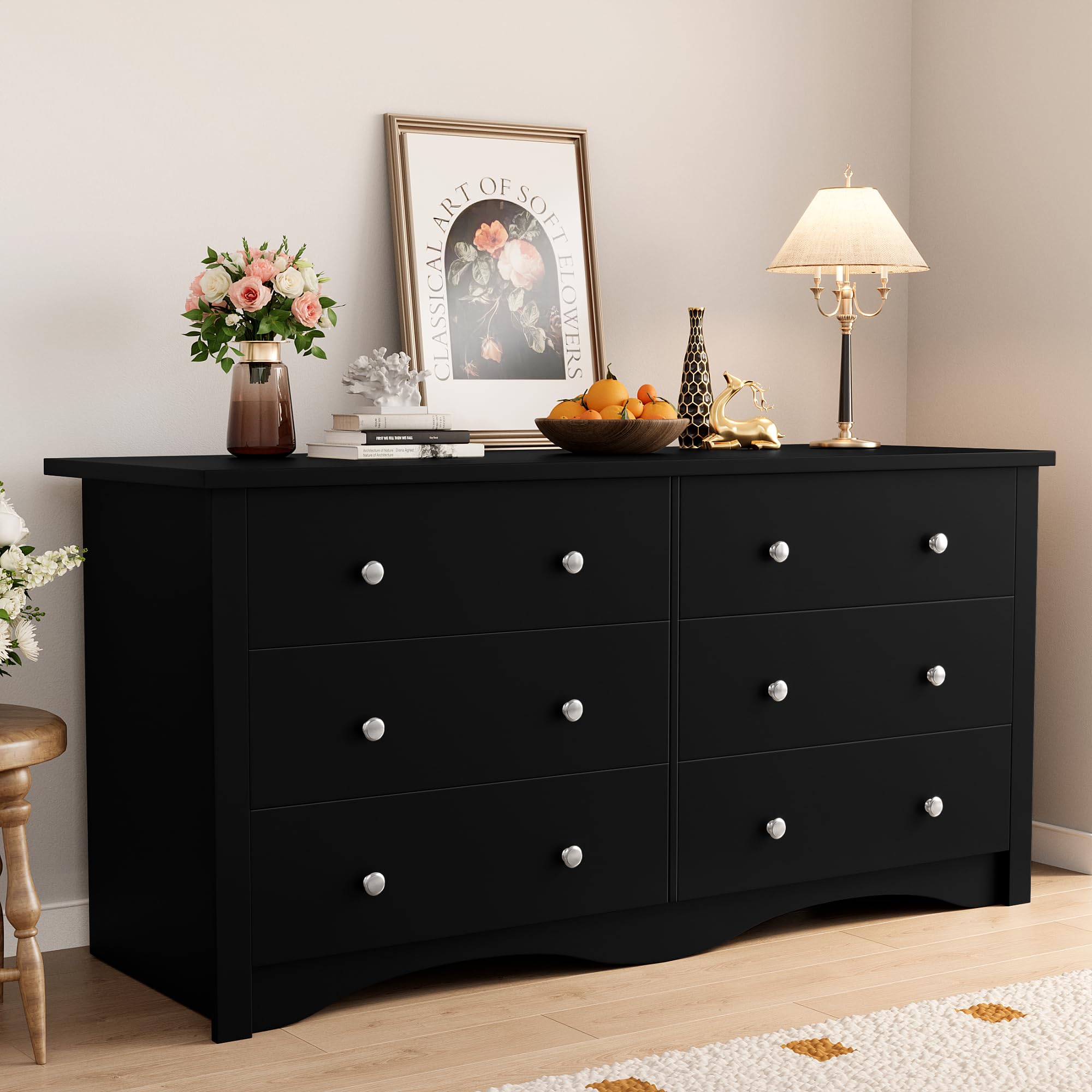 Shahoo Black Dresser for Bedroom with 6 Drawers, 47.2" Wide Chest Storage Organizer and TV Stand for