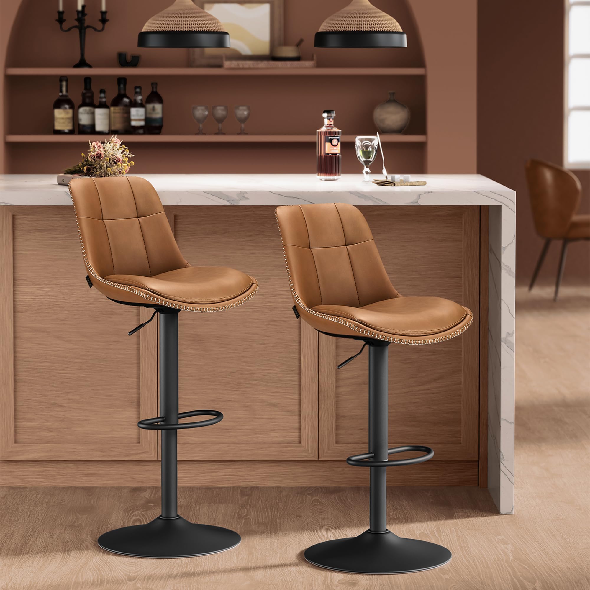 VASAGLE Bar Stools Set of 2, Height Adjustable Swivel Kitchen Stools, Quilt, Synthetic Leather Bar Chairs with Back and 