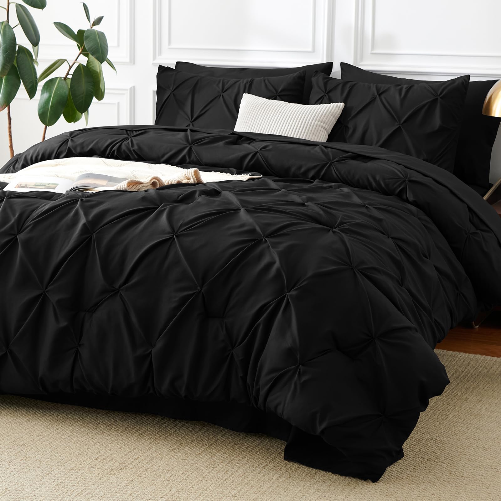 CozyLux Queen Comforter Set Black, 7 Pieces Pintuck Bed in A Bag, All Season Comforter Queen Size, B