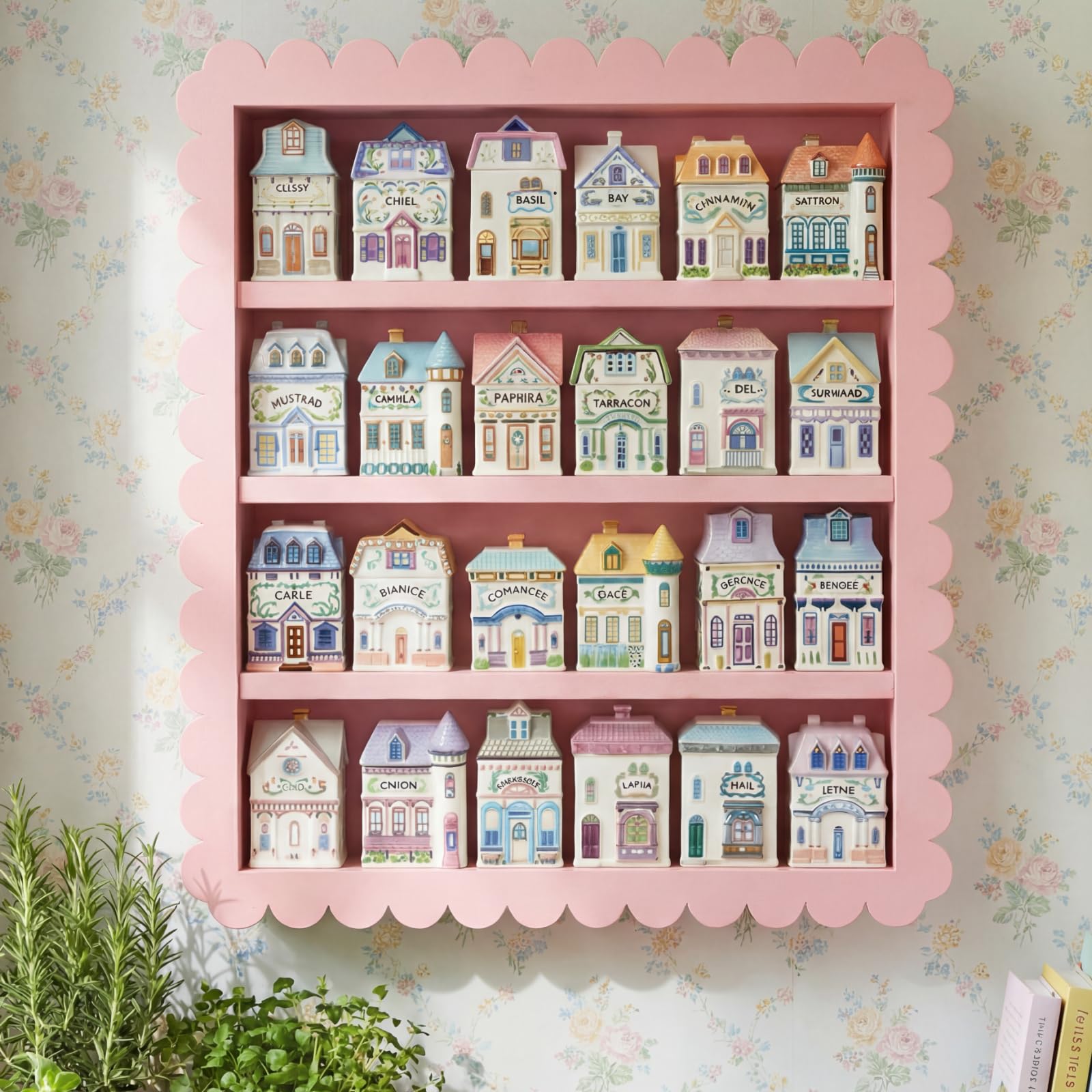 Chunful Vintage Spice Village Wooden Rack 22 x 17 x 4 Inches Pink 4-tier Display Shelf with Scalloped Edge for Wall Moun