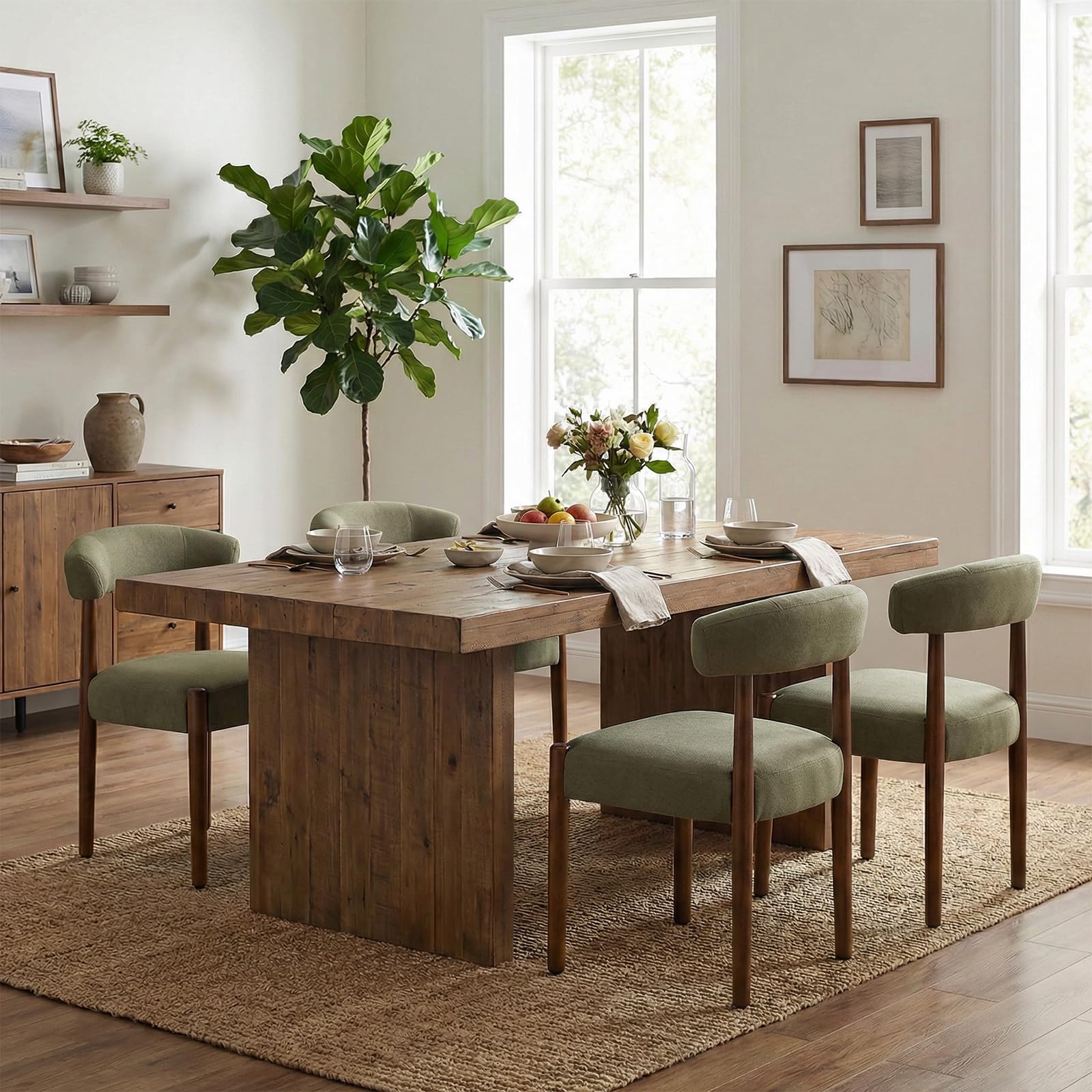 VKNOW Wooden Dining Chairs Set of 4, Modern Upholstered Dining Room Chairs with Walnut Wood Legs and Curved Backrest, Fa