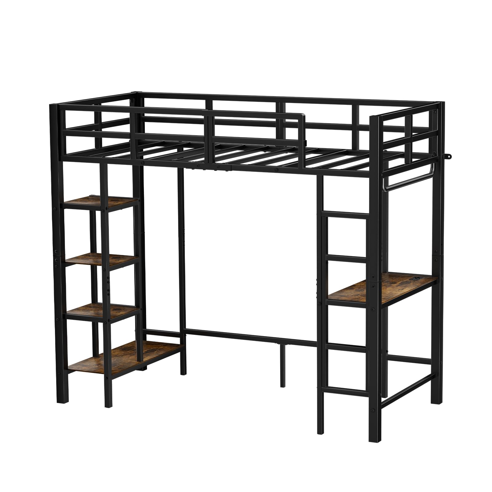 EGGREE High Sleeper 90x200 cm with Desk and Storage, Metal Loft Bed with 4 Shelves and Hooks, Space 