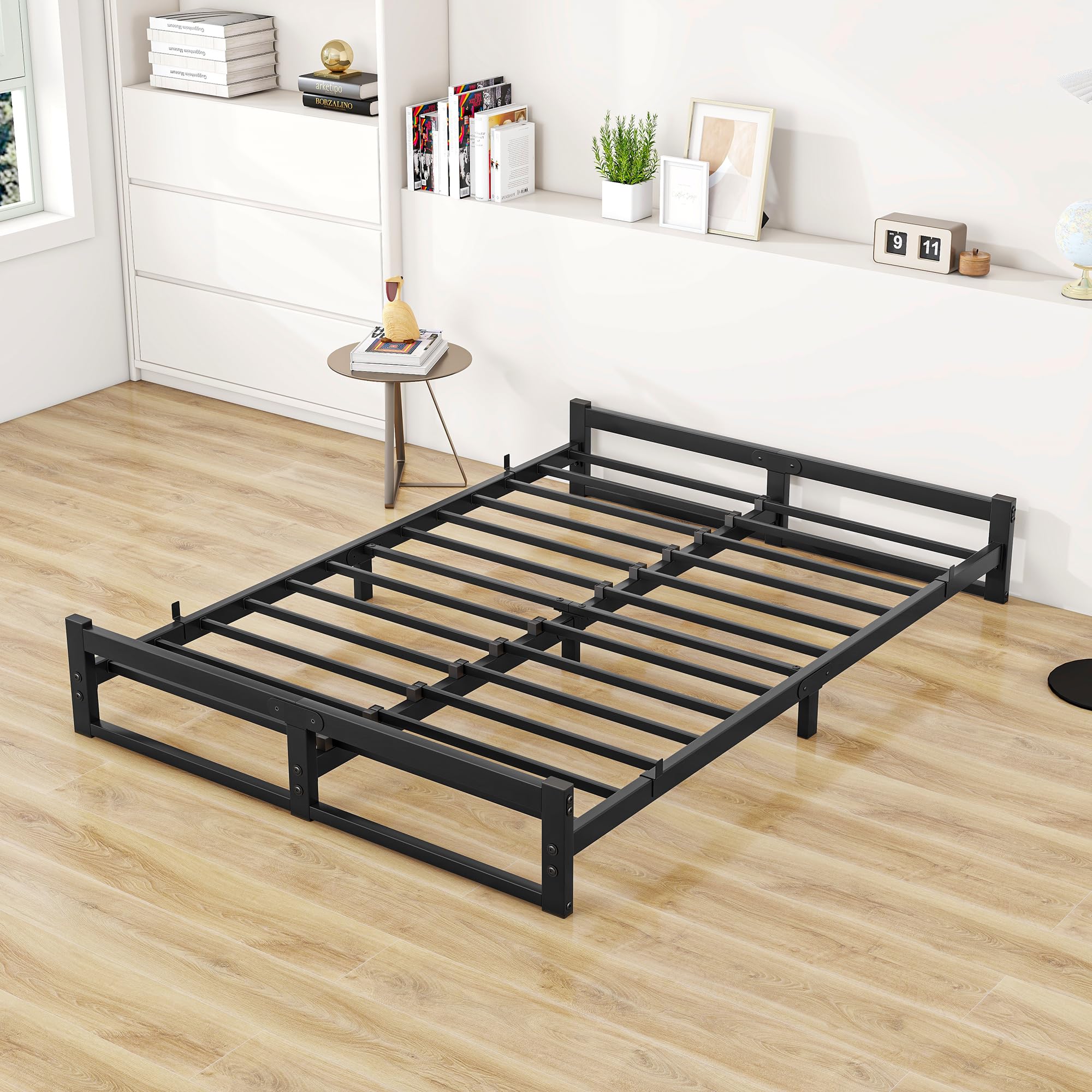Double Bed Frame,4ft6 Floor Bed Frame Double Bed Base with Reinforced Steel Slats,Metal Platform Low