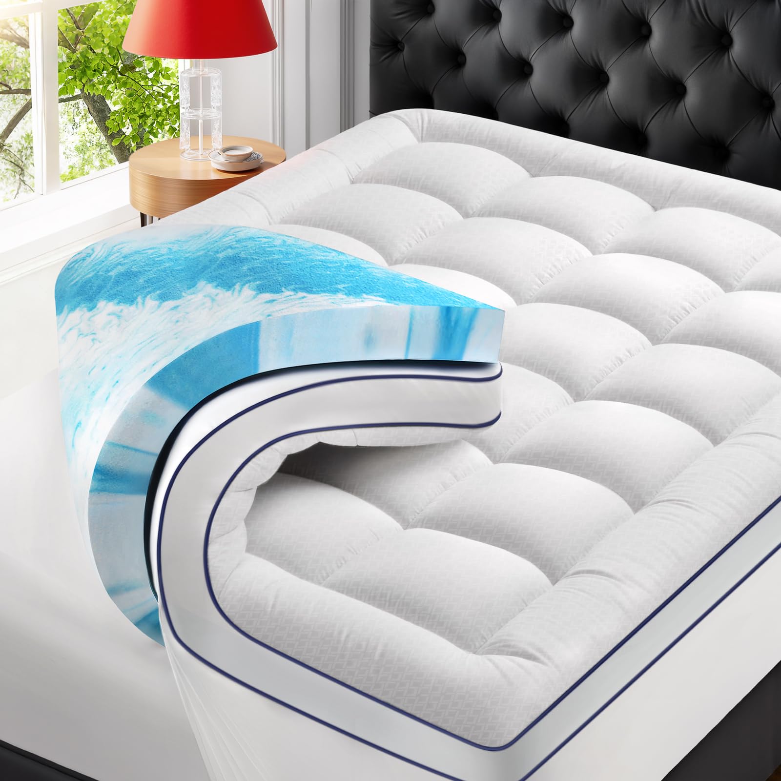 Premium Dual Layer 4 Inch Memory Foam Mattress Topper, 2 Inch Gel Memory Foam and 2 Inch Pillow Top Mattress Pad Cover f