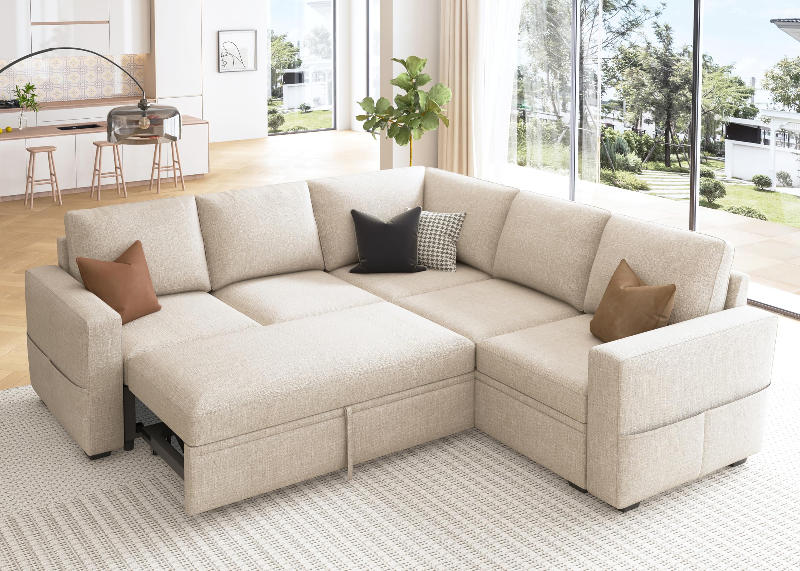 HONBAY Modular Sectional Sleeper Sofa with Pull Out Bed, L Shaped Couch with Storage Seat, Convertib