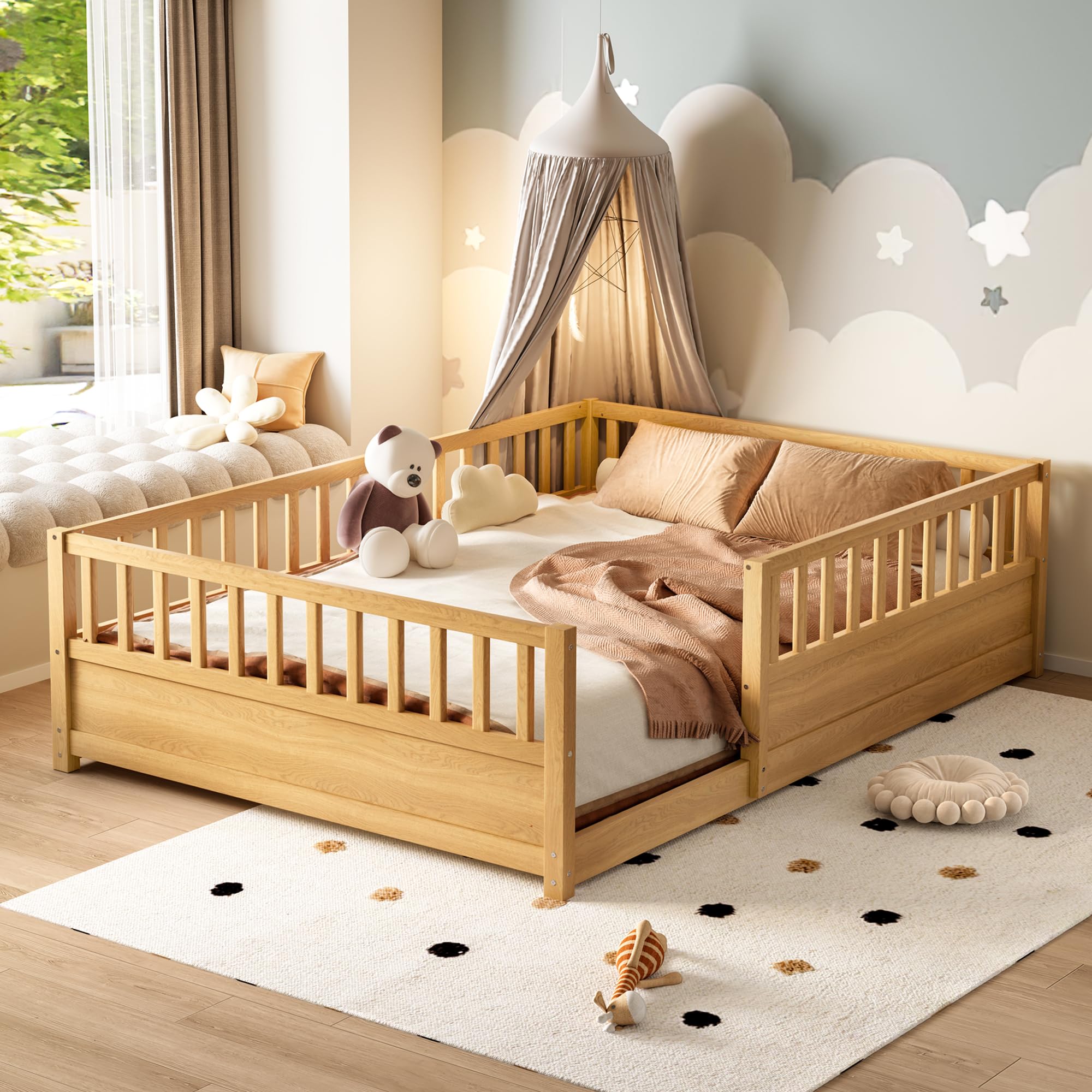 Bellemave Full Size Floor Bed with High Fence, Wood Montessori Bed with Slats and Guardrails, Full Size Montessori Floor