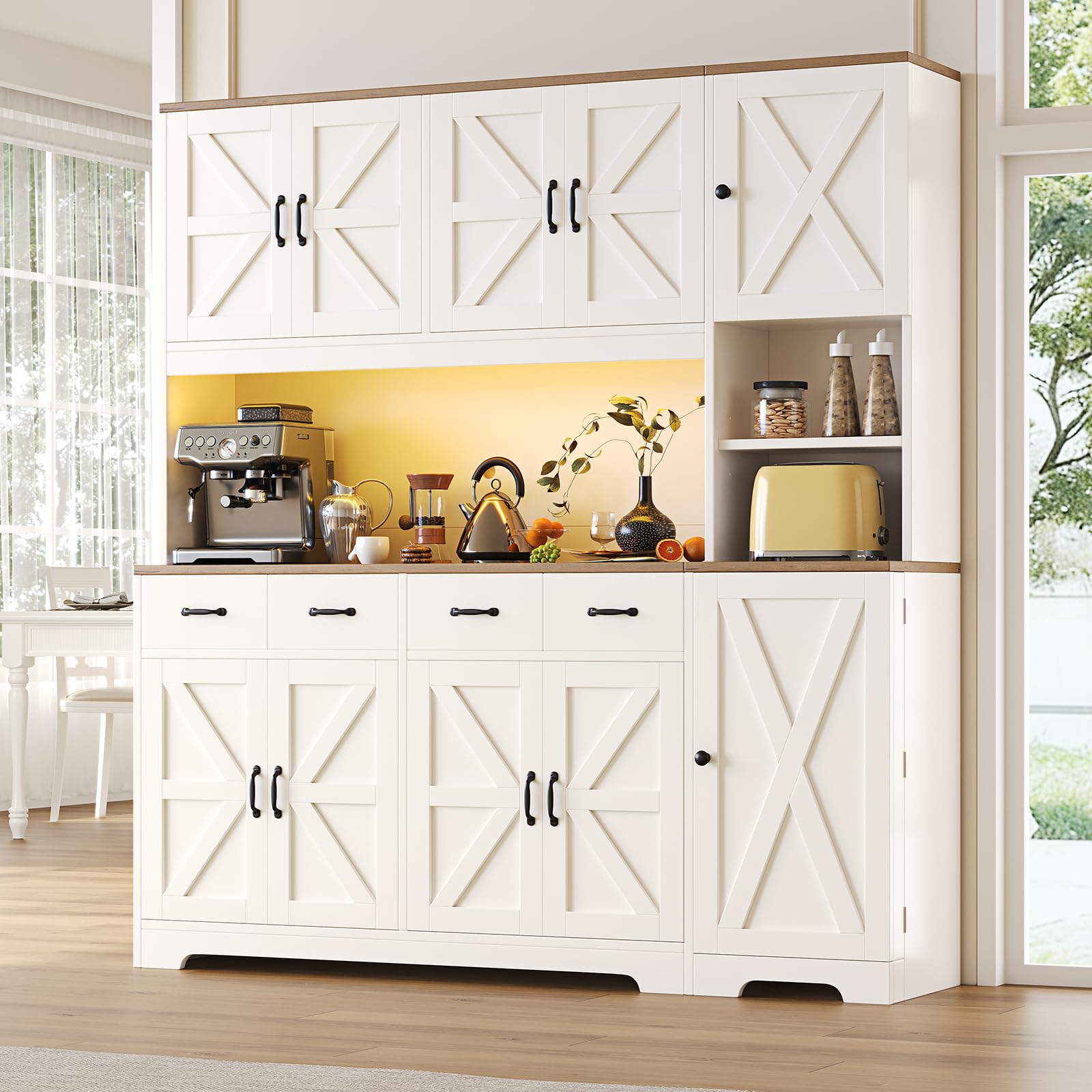 180cm Tall Kitchen Cupboard with LED Light & Charging Station, Farmhouse Pantry Cupboard with 4 Drawers & 6 Cabinets, La