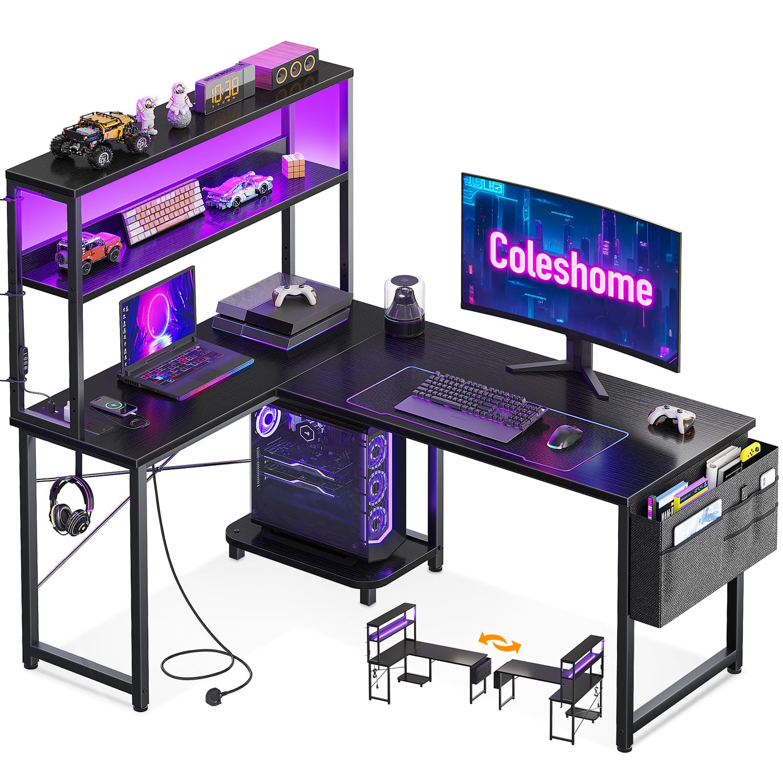 Coleshome L Shaped Gaming Desk with LED Lights & Power Outlet, 110 × 80 cm Reversible Computer Desk 