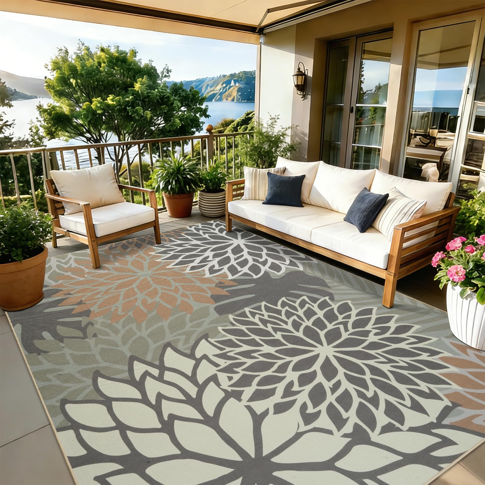 Homcomodar Outdoor Rug 160x230cm Jute Rugs Living Room Washable Indoor Outdoor Rug Living Room Non-Slip Flower Garden Ru