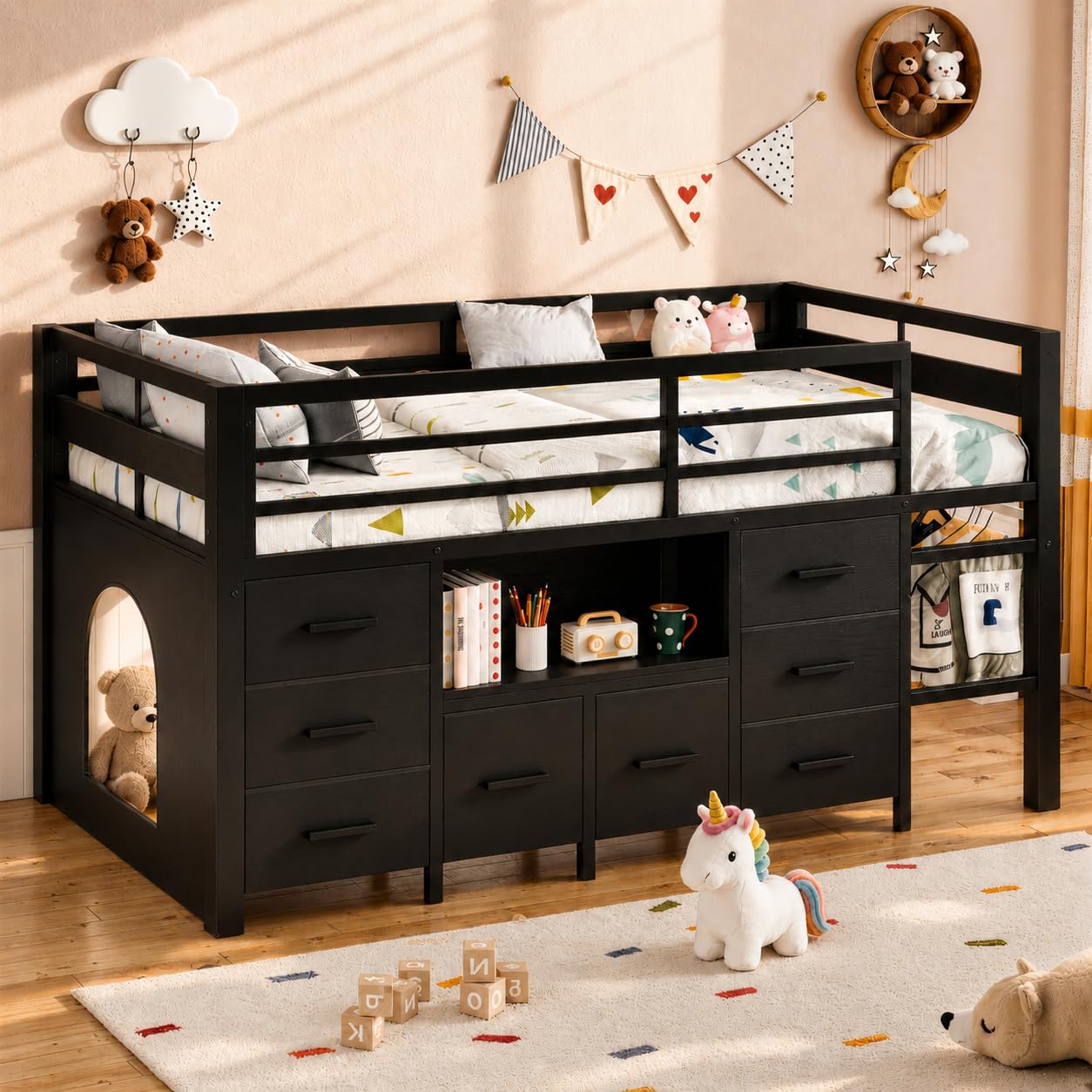 GalnFu Low Loft Bed Twin Size with 8 Storage Drawers and Bookcase, Metal Kids Loft Bed with 13" H Sa