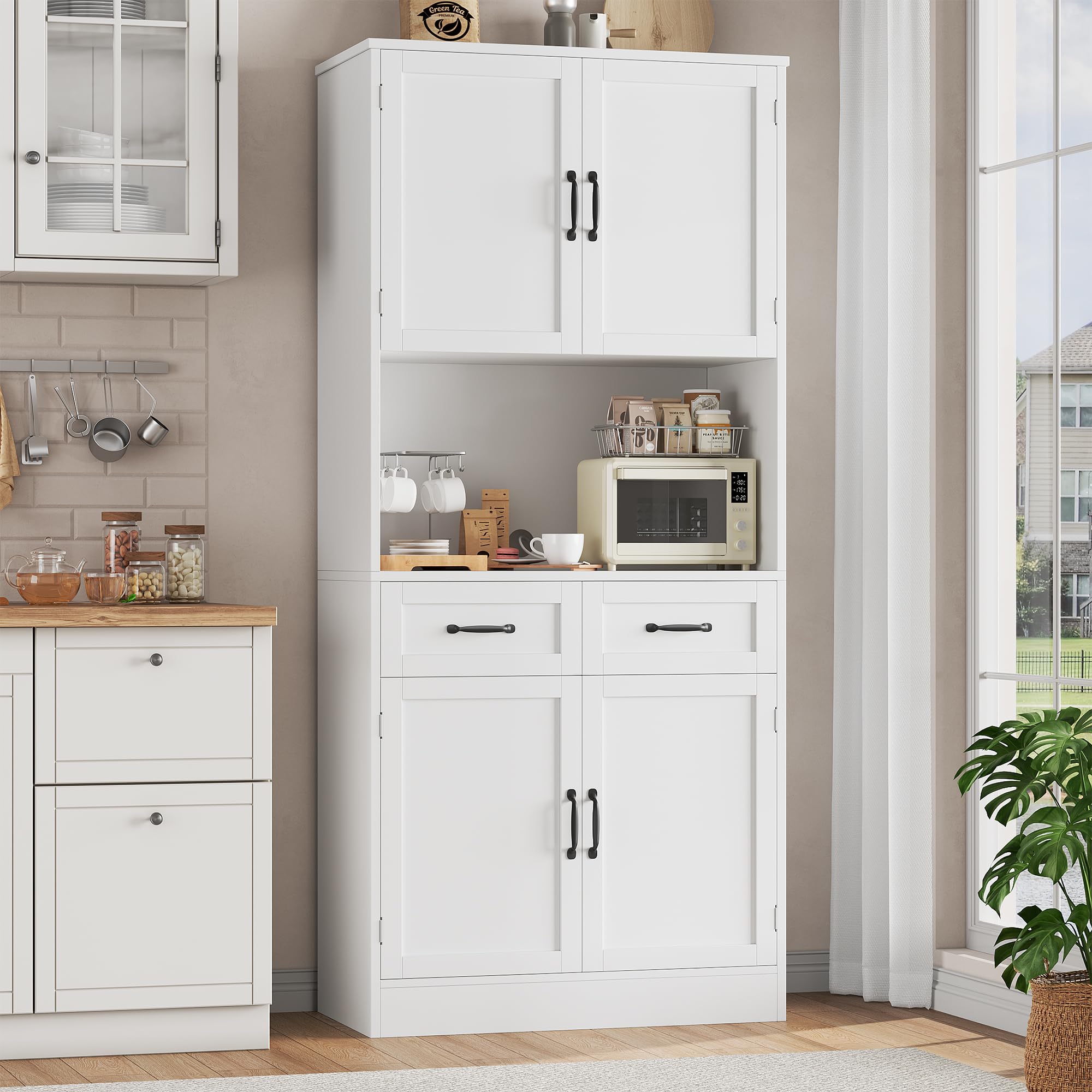HOCSOK Kitchen Pantry Cupboard, 180 cm Tall Storage Cabinet with Countertop, 4-door Larder Cupboard 