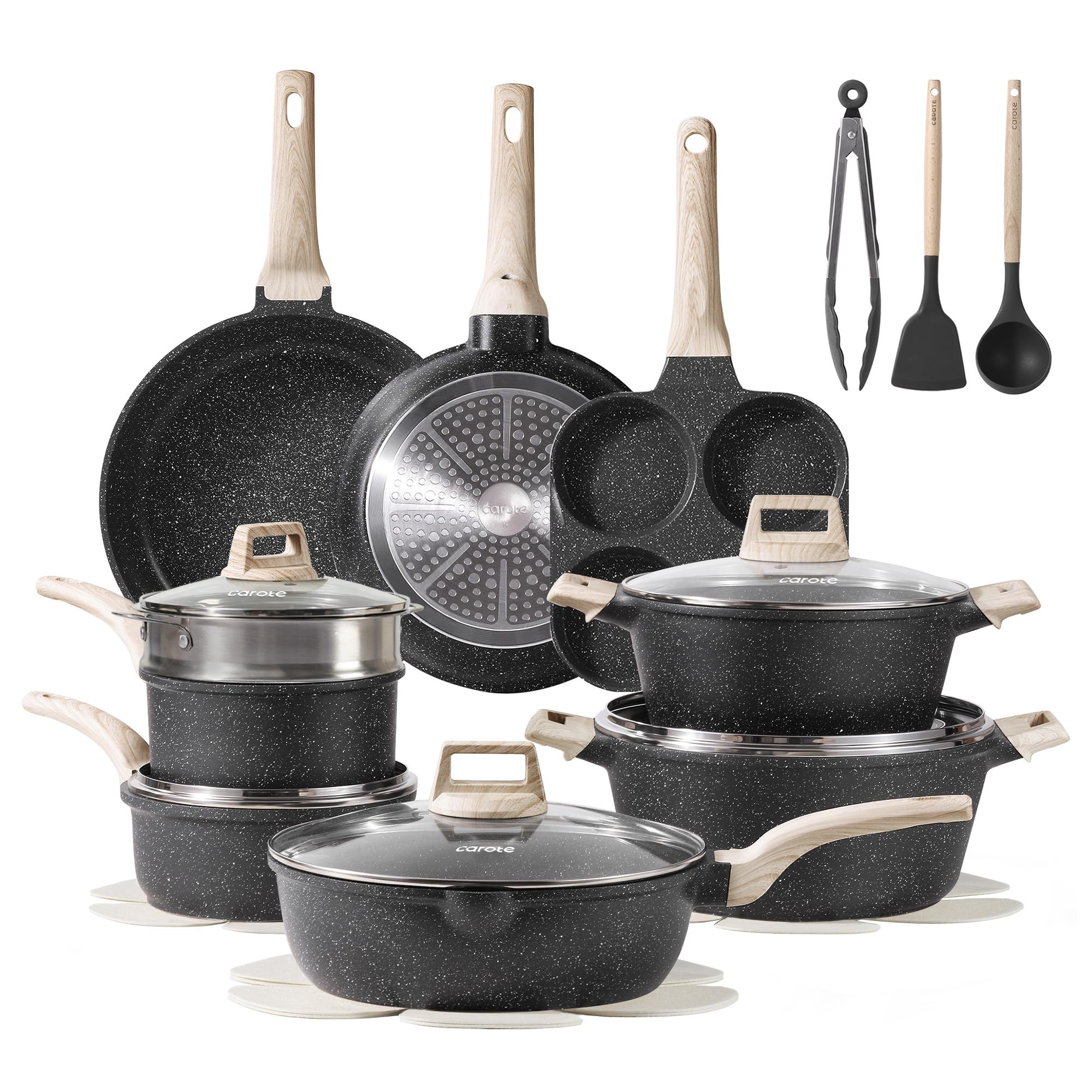 CAROTE 21pcs Pots and Pans Set Nonstick, Cookware Set Black Granite Induction Kitchen Cooking Set w/