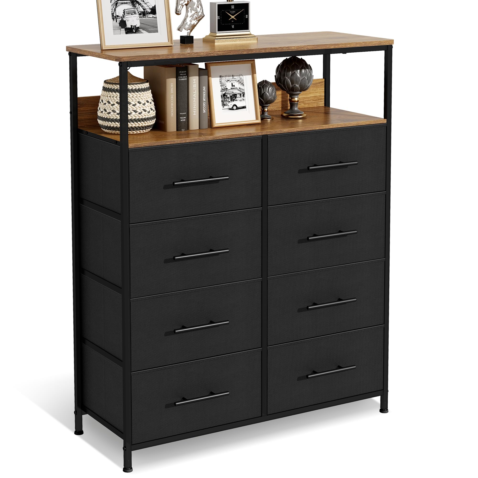8 Drawer Fabric Chest of Drawers, Black | Tall Storage Organizer With 2 Layers Shelf, TV Stand with 