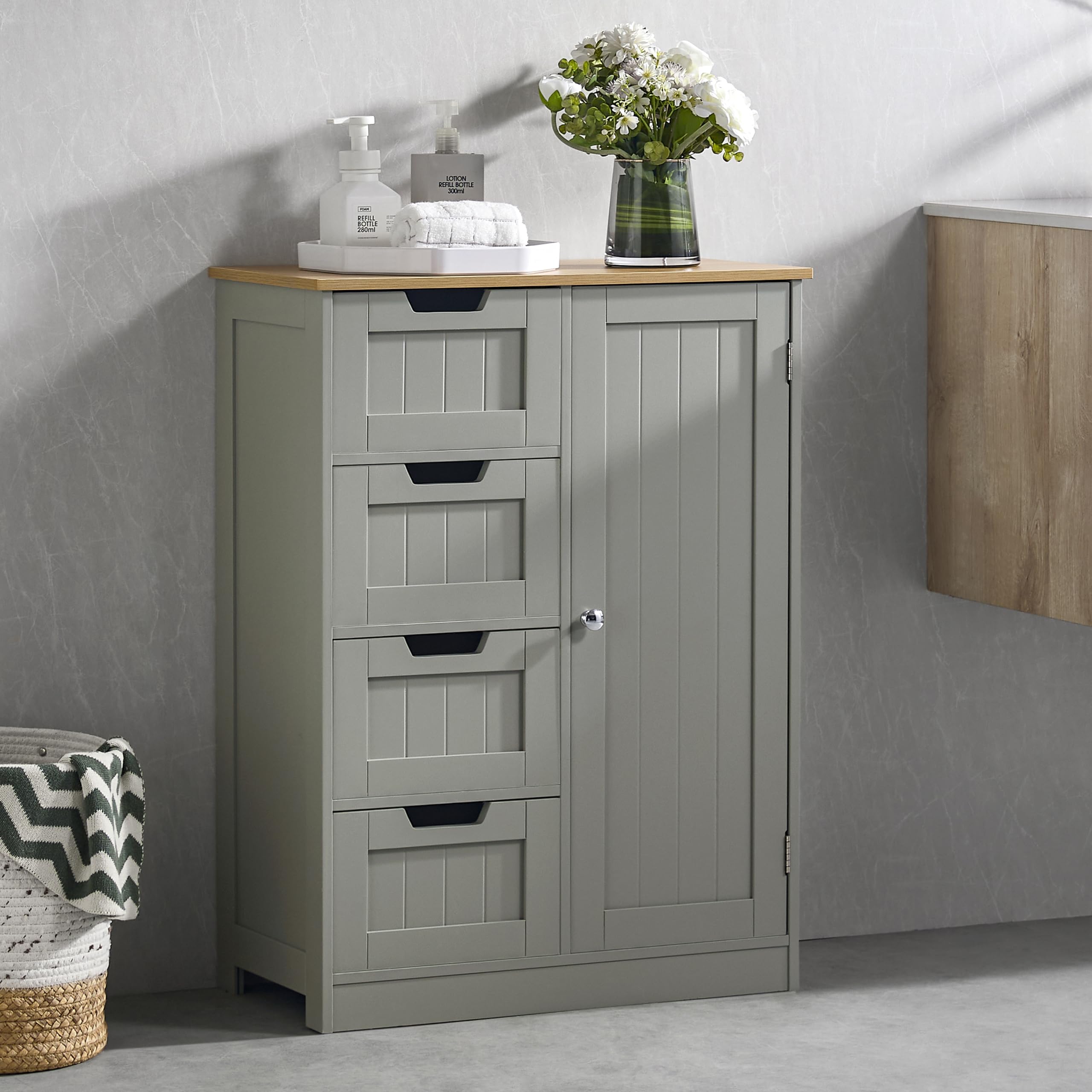 Bath Vida Freestanding Bathroom Floor Cabinet, 4 Drawers & 1 Door Wooden Storage Unit, with Adjustable Shelf for Bathroo