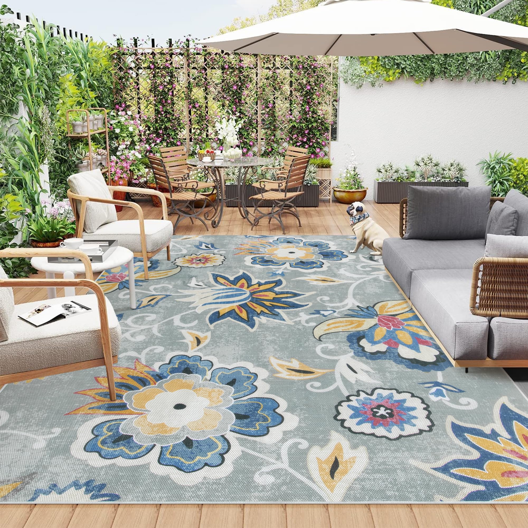 Lahome Floral Indoor Outdoor Rug 8x10, Non Slip Outdoor Patio Rug for Camping Picnic, Portable Large Outdoor Rugs for Ba