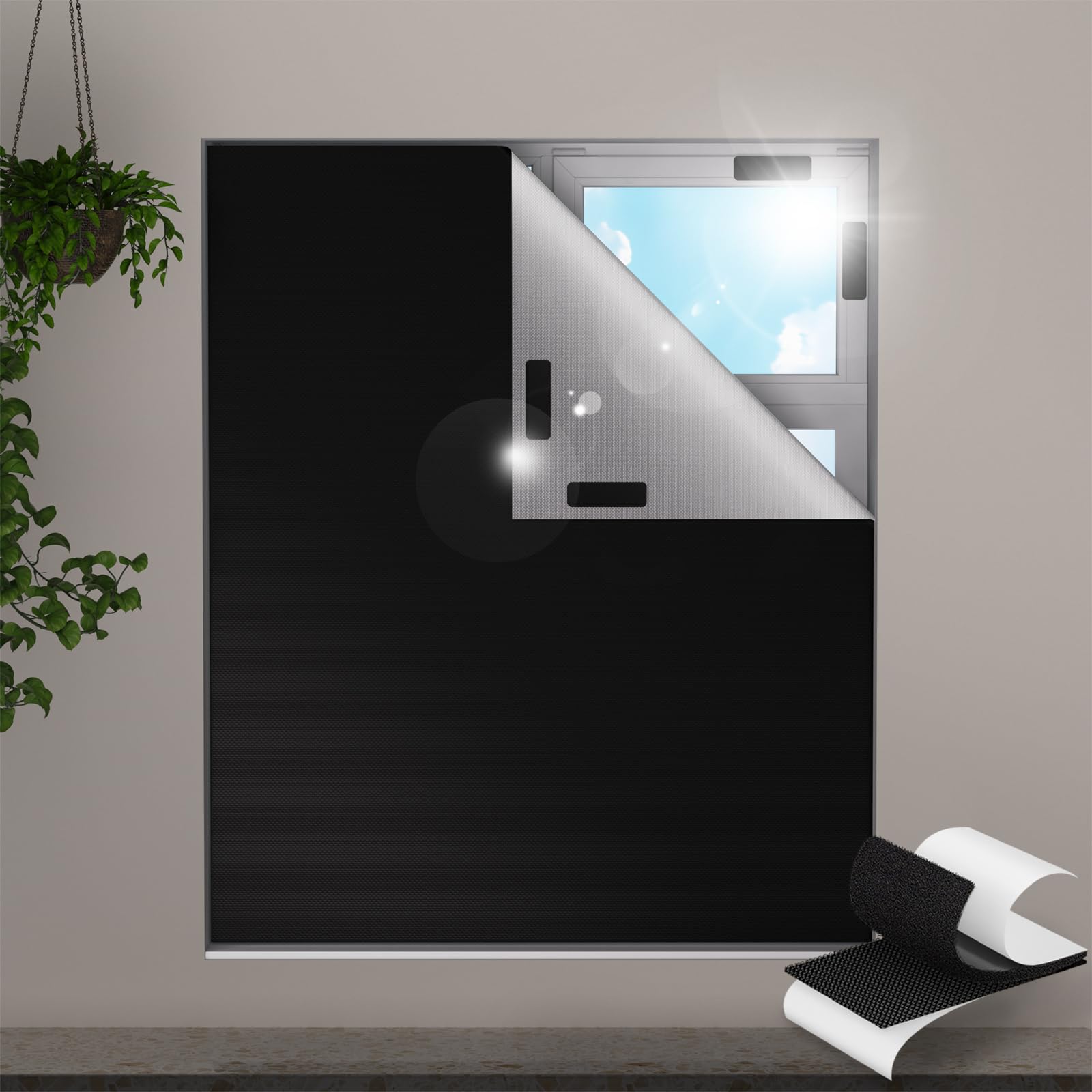 Valquid 𝟏𝟎𝟎%Blackout Blind, 300×145cm Portable Blackout Blinds Stick on Window, Temporary Blackout C