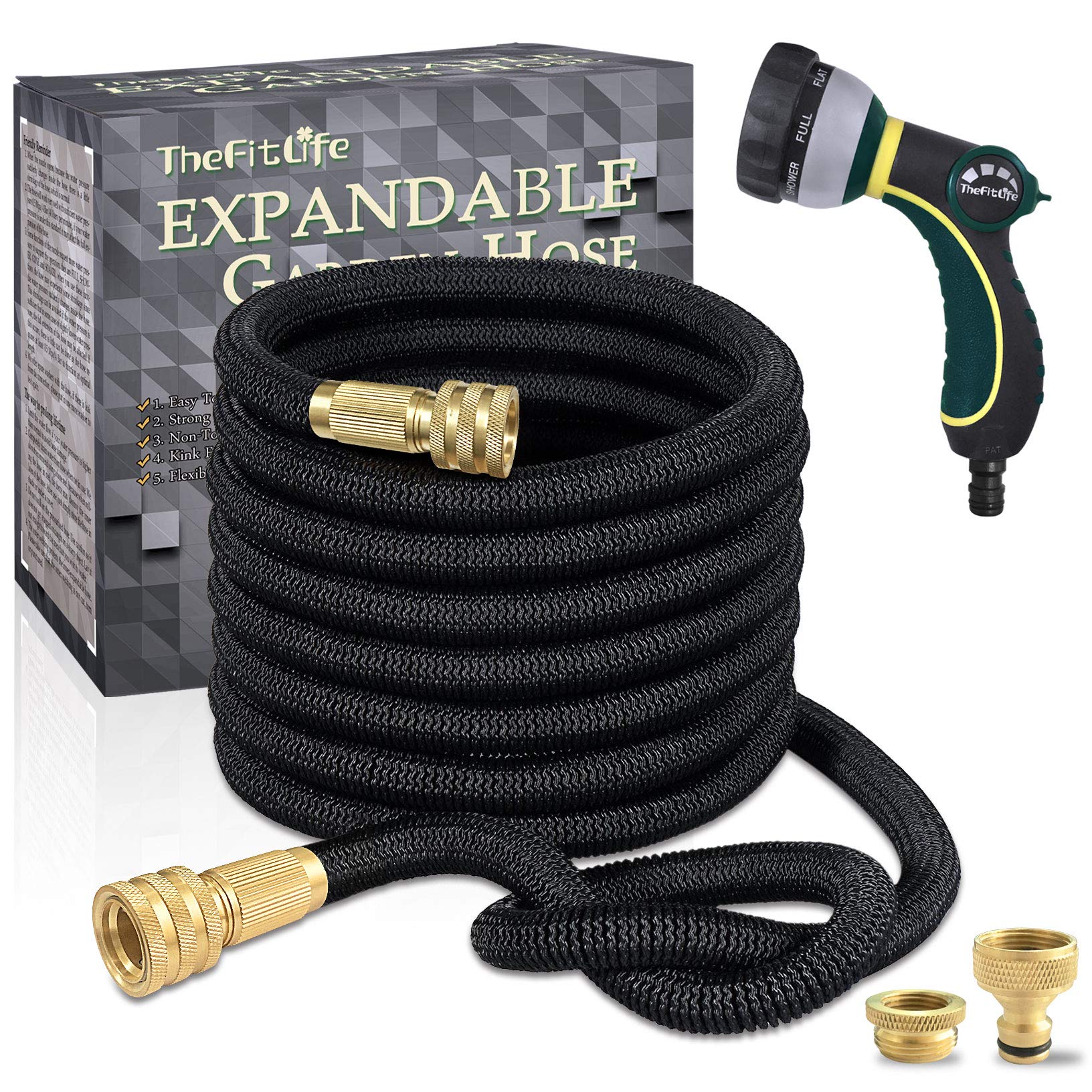 TheFitLife Expandable Garden Hose Pipe - Triple Core Latex and Solid Metal Fittings 8 Pattern Spray 