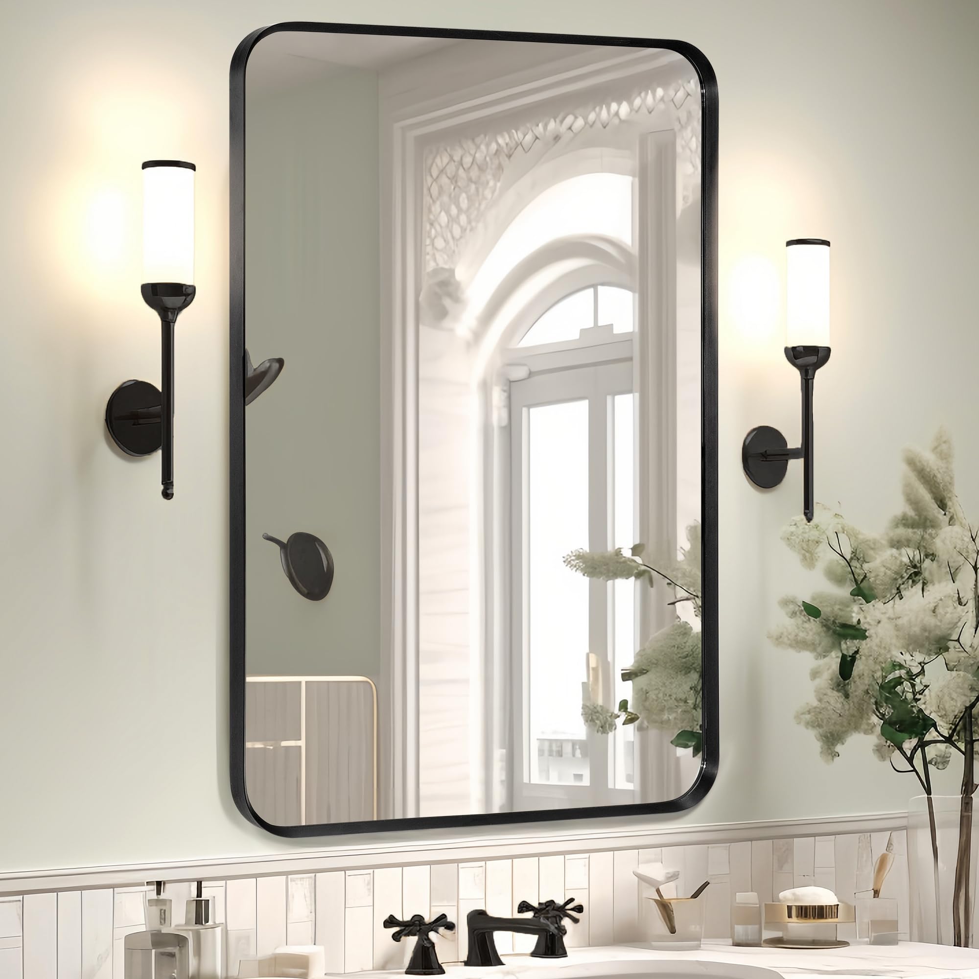 Wall Mount Mirror for Bathroom, Brushed Black Metal Framed Rounded Corner Rectangular Vanity Mirror 