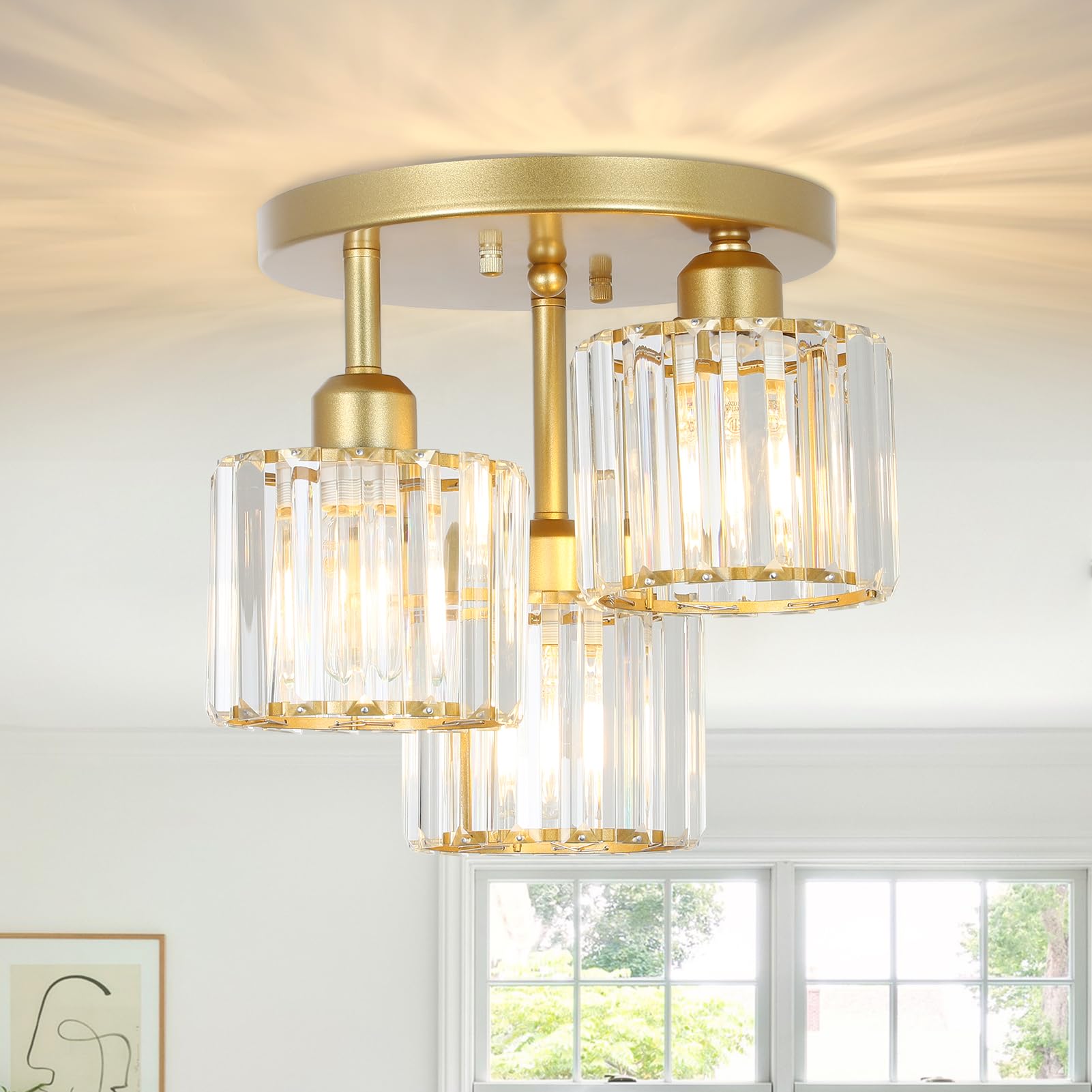 Rayofly Modern Crystal Chandeliers Ceiling Light, 3-Lights Crystal Ceiling Lights Living Room, Gold Ceilings Light with
