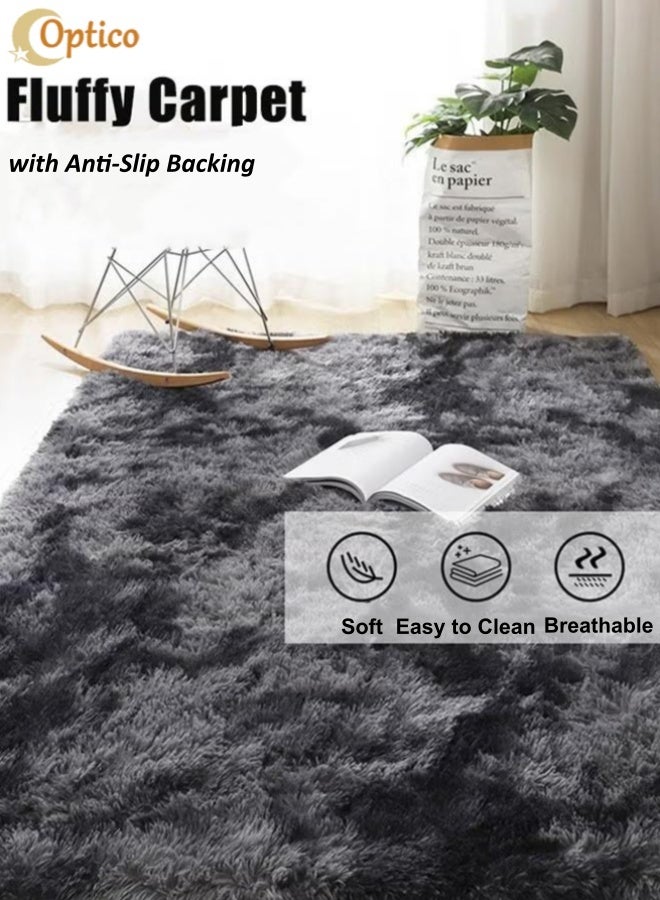 Optico Fuzzy Rugs for Bedroom Tie-Dyed Dark Grey Area Rug Fluffy Bedroom Carpet Fuzzy Living Room Ru