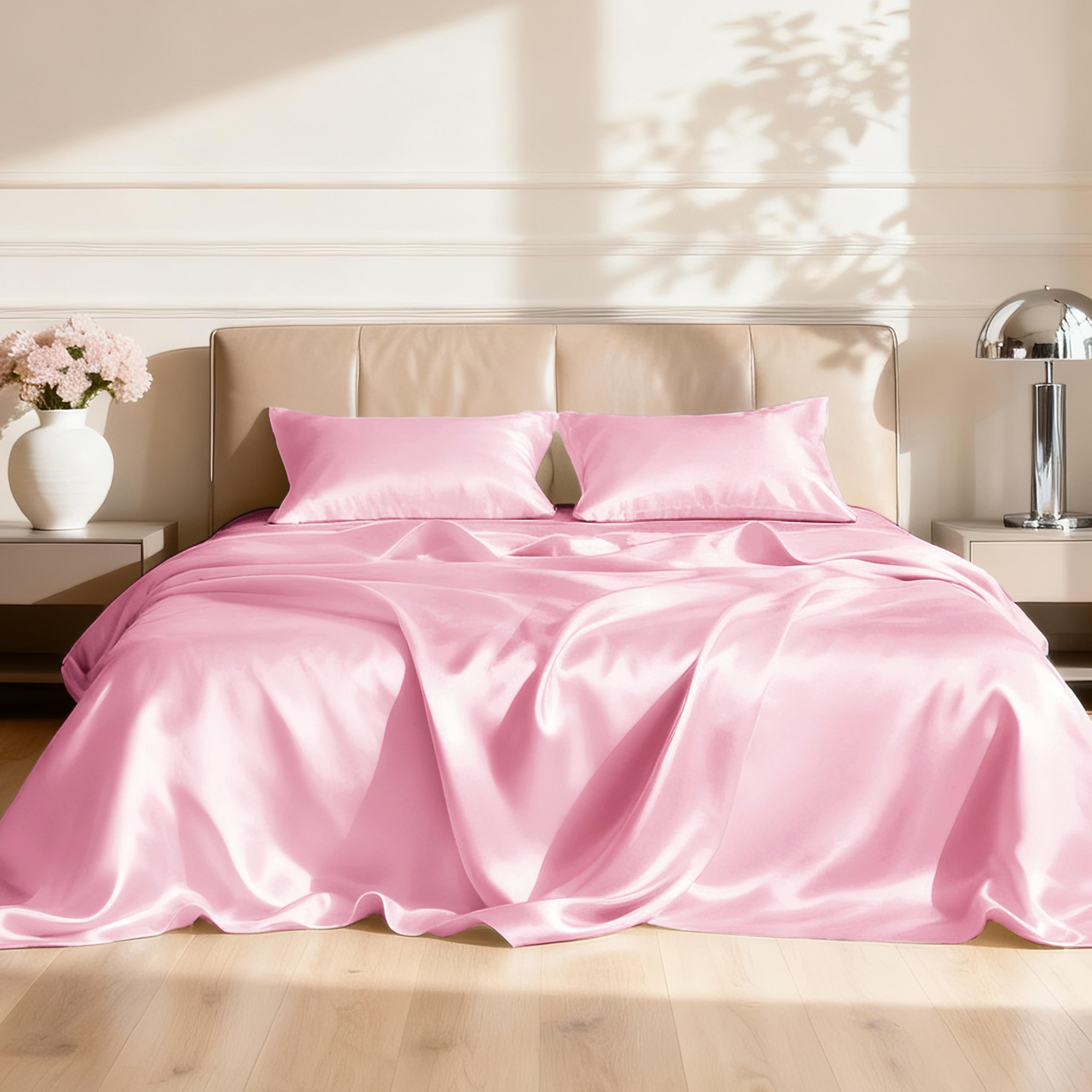 Love's cabin Satin Queen Sheets Set - 4 Piece Pink Silky Bed Sheets Set with Deep Pocket, Luxury Silk Feel Satin Queen S