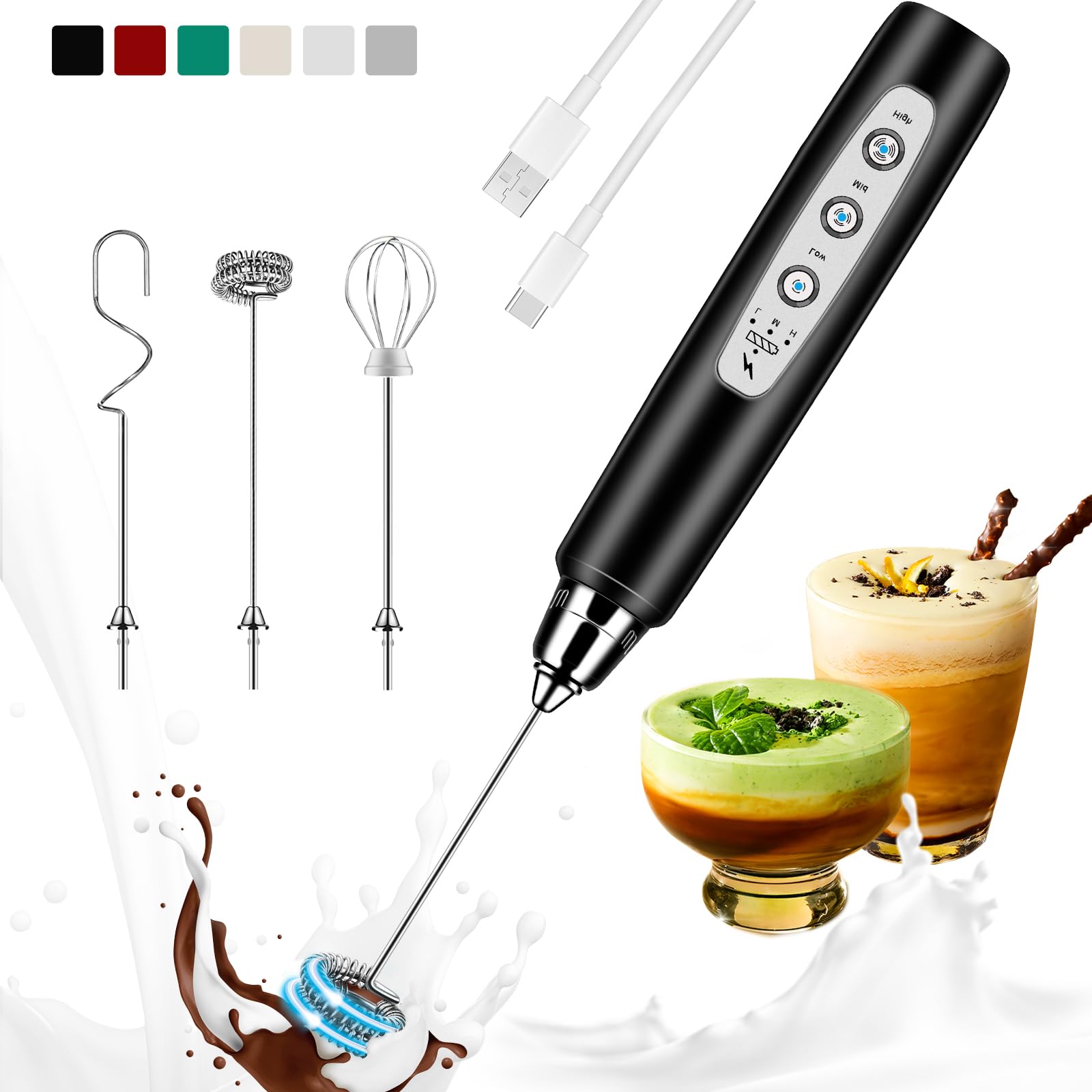 Colarlemo Milk Frother Handheld Rechargeable, Frother Wand Drink Mixer Electric Whisk for Coffee, Detachable With 3 Stai
