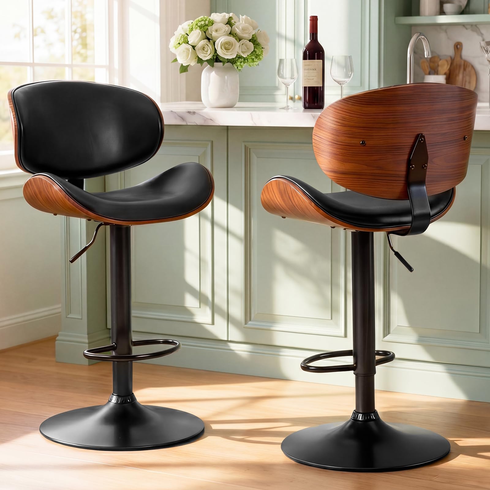 DUMOS Swivel Bar Stools Set of 2, Adjustable Counter Height 24.6''-33.3'' Bentwood BarStools, PU Leather Upholstery Bar
