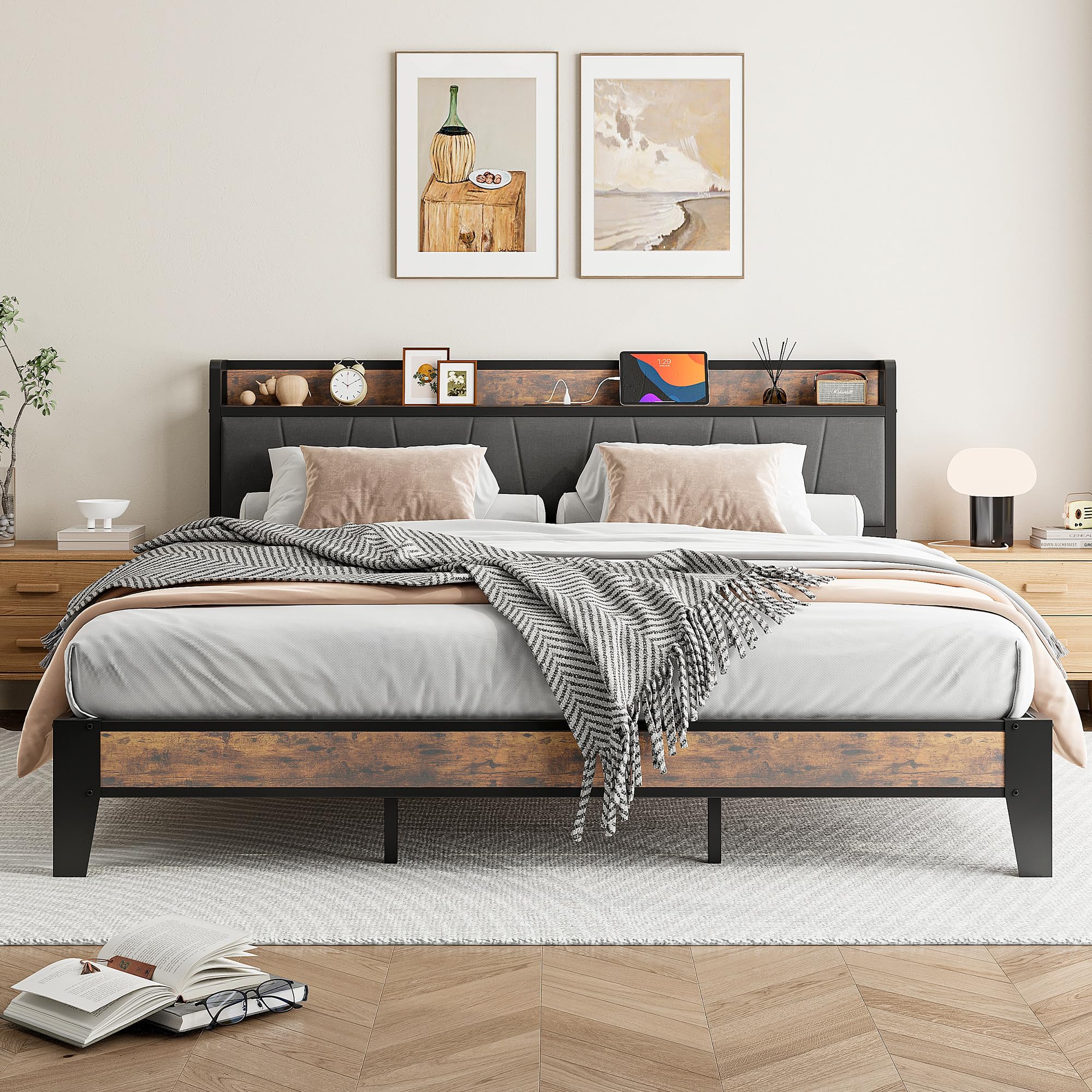 IRONCK Super King Bed Frame with Storage Shelf Upholstered Headboard, Platform Bed Frame with Chargi