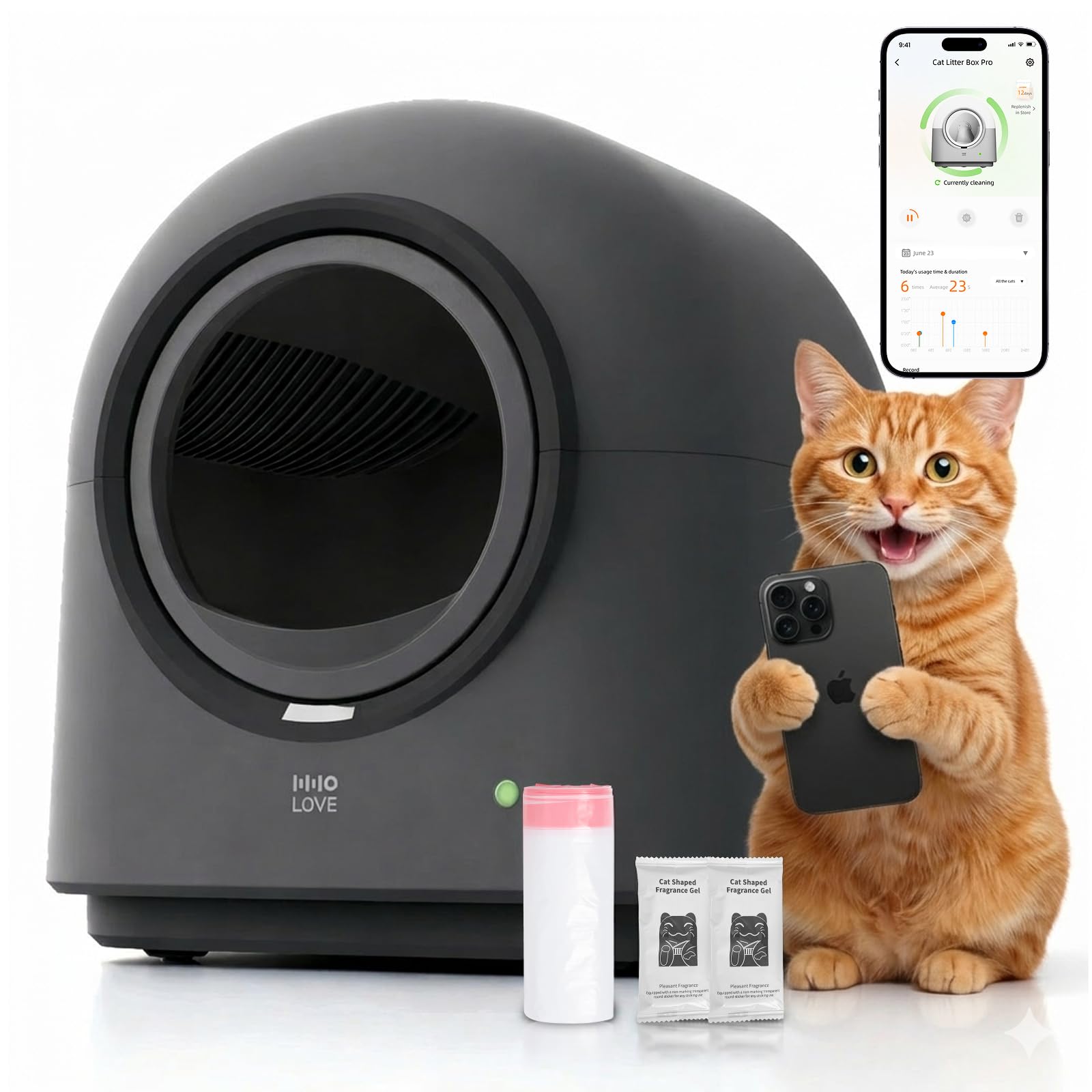 Self Cleaning Cat Litter Box Automatic HHOLOVE with 360 Safety Sensors, Odor Control, Real-Time Health & Weight Monitor,