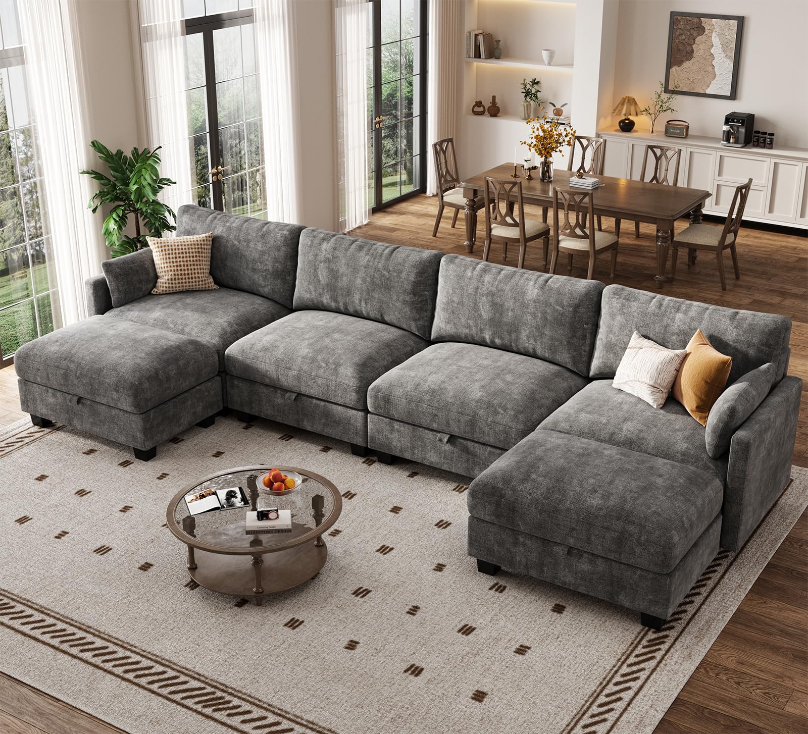 Modular Sectional U Shaped Sofa Couches for Living Room, Cloud Couch with Storage Ottoman, Comfy Che