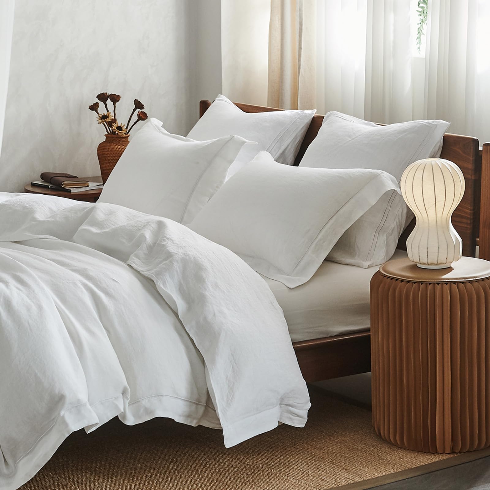 Simple&Opulence 100% Washed Linen Duvet Cover Set with Embroidered, 3 Pieces Soft Farmhouse Comforte