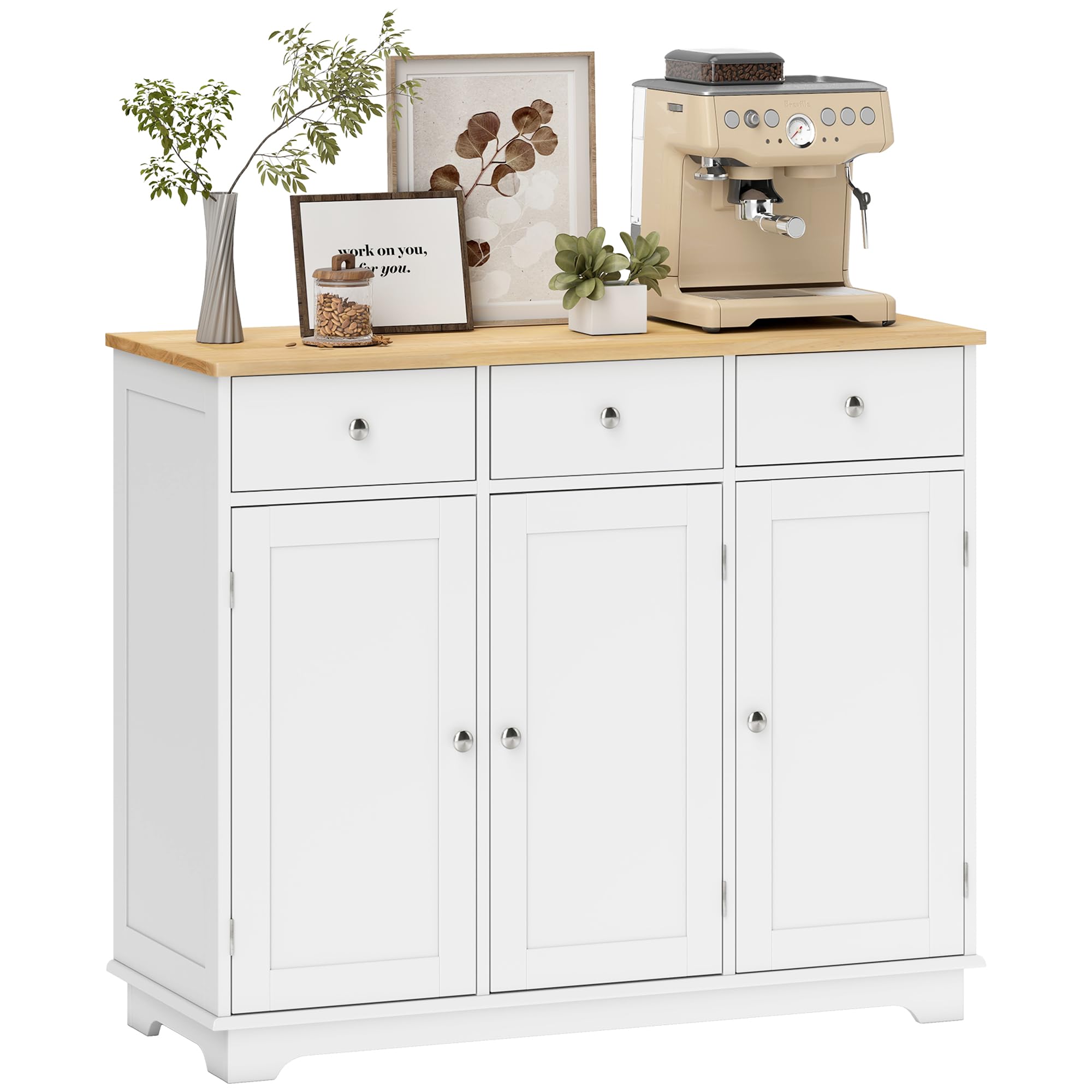 HOMCOM Modern Sideboard with Rubberwood Top, Buffet Cabinet with Storage Cabinets, Drawers and Adjustable Shelves for Li