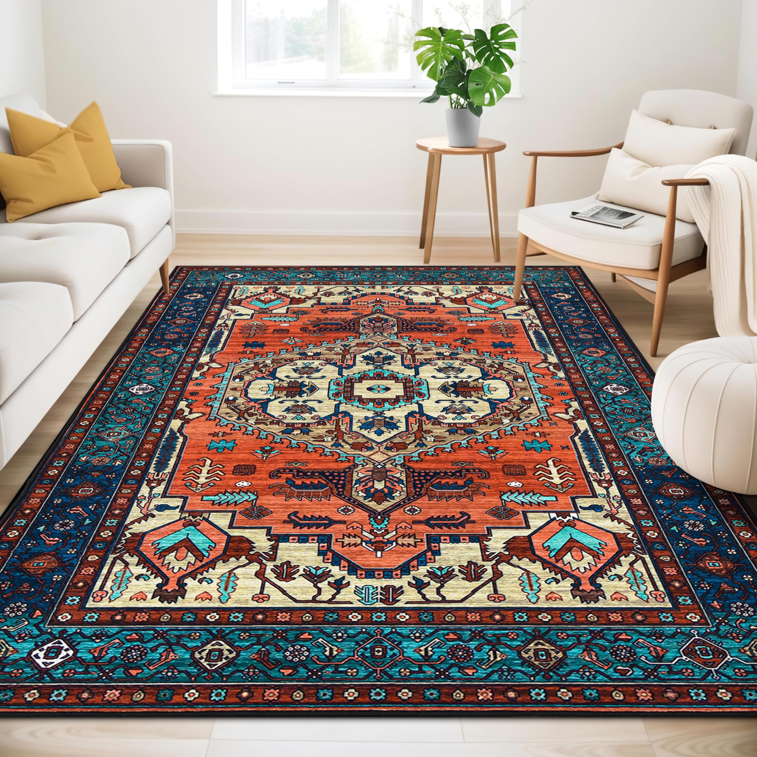 Guchuang Washable Rugs Living Room Area Rugs Terracotta Vintage Boho Large Non Slip Carpet Traditional Oriental Rugs Sho
