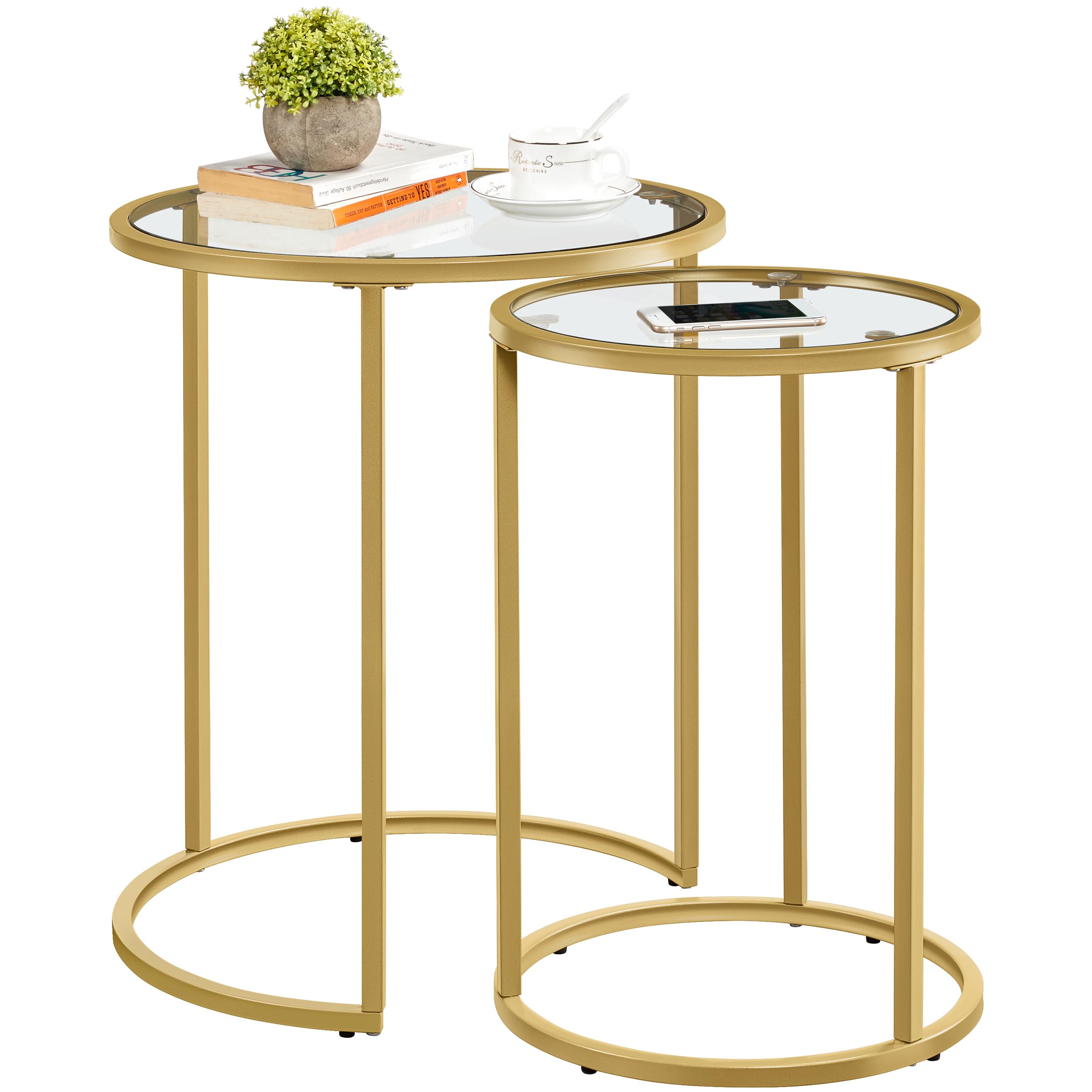 Yaheetech Round Nesting Coffee Tables Set of 2, Glass Top Side Table End Tables with Metal Frame for Living Room Bedroom