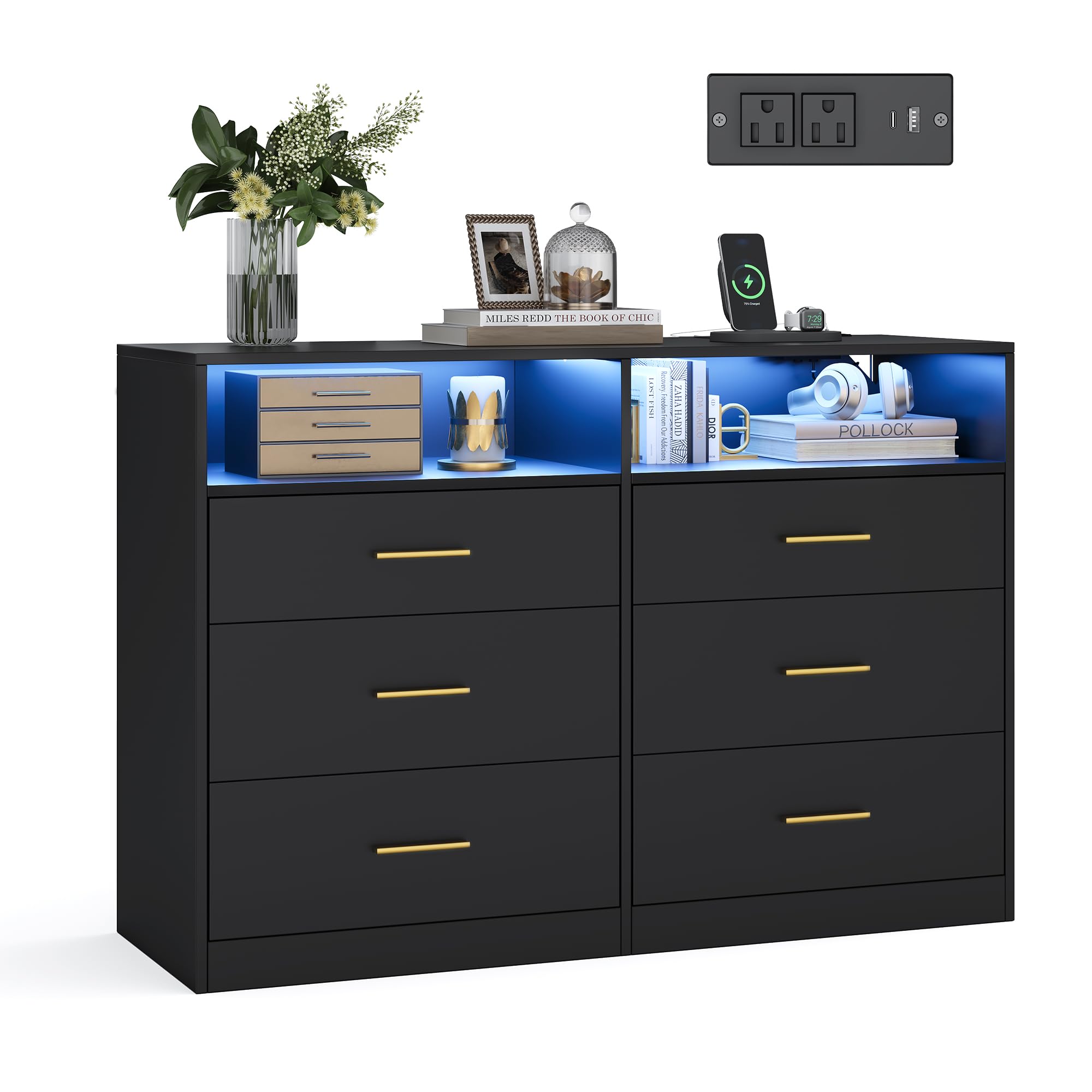 VASAGLE Custos Collection - Dresser for Bedroom, with LED Lights and Power Strip, Chest of Drawers, Modern, TV Stand for