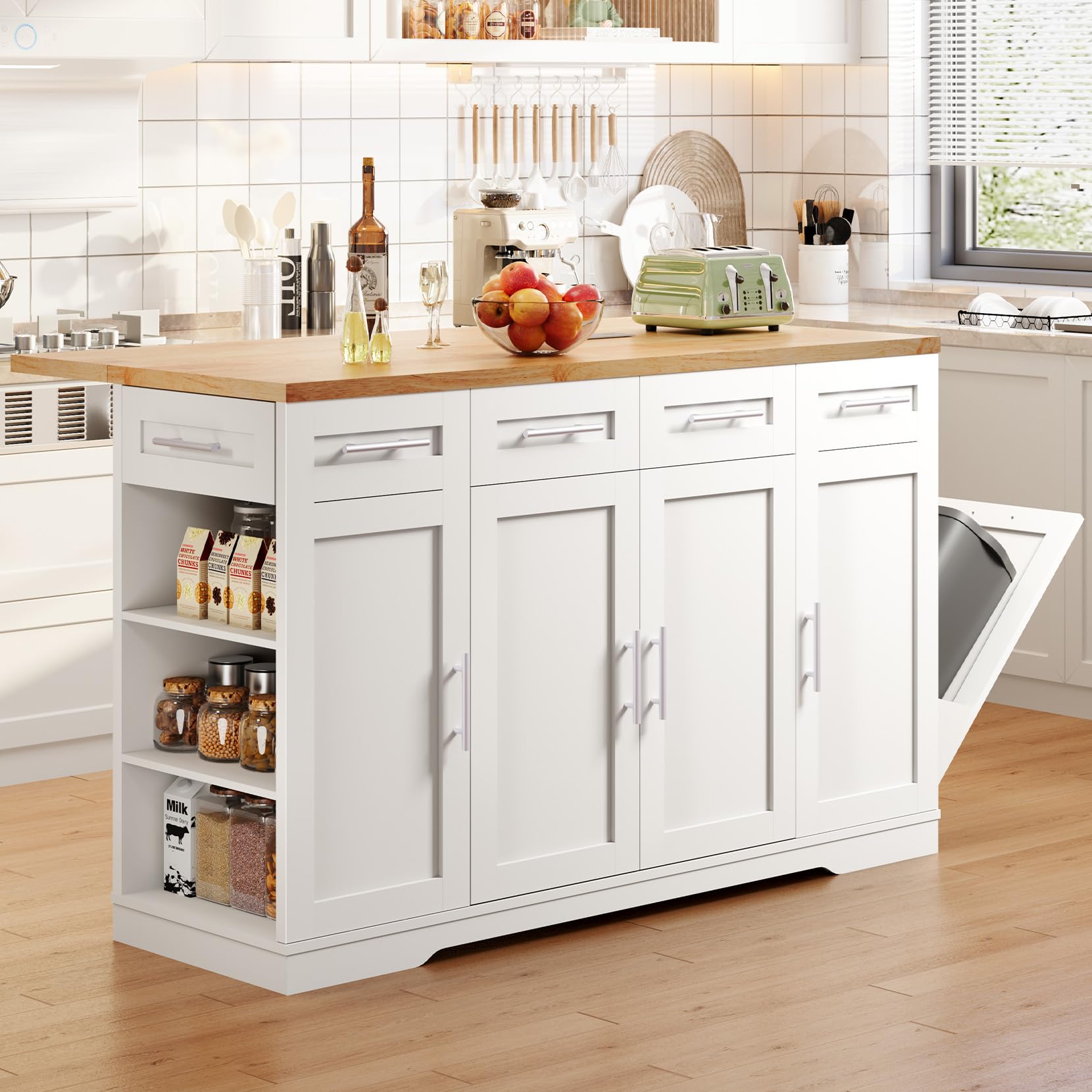 Dripex 53'' Rolling Kitchen Island with Power Outlet, Drop Leaf & Trash Can Storage, Large Island Ca