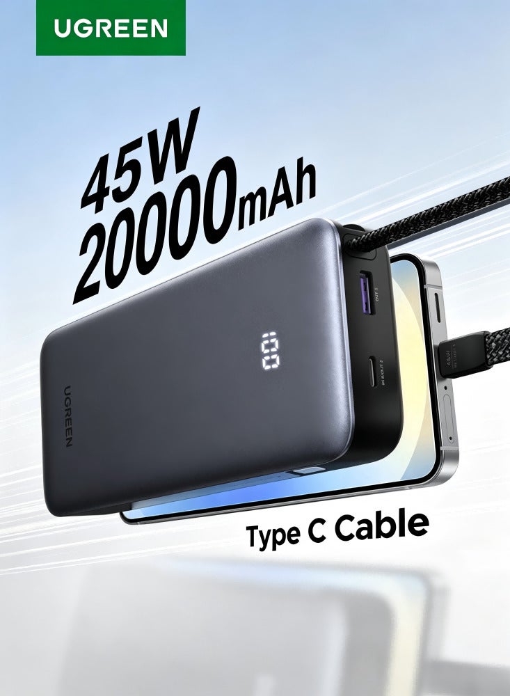 Ugreen 20000mAh 45W Power Bank Built-in Type C Cable Fast Charging Portable Charger, Battery Pack With LED Display Bidir